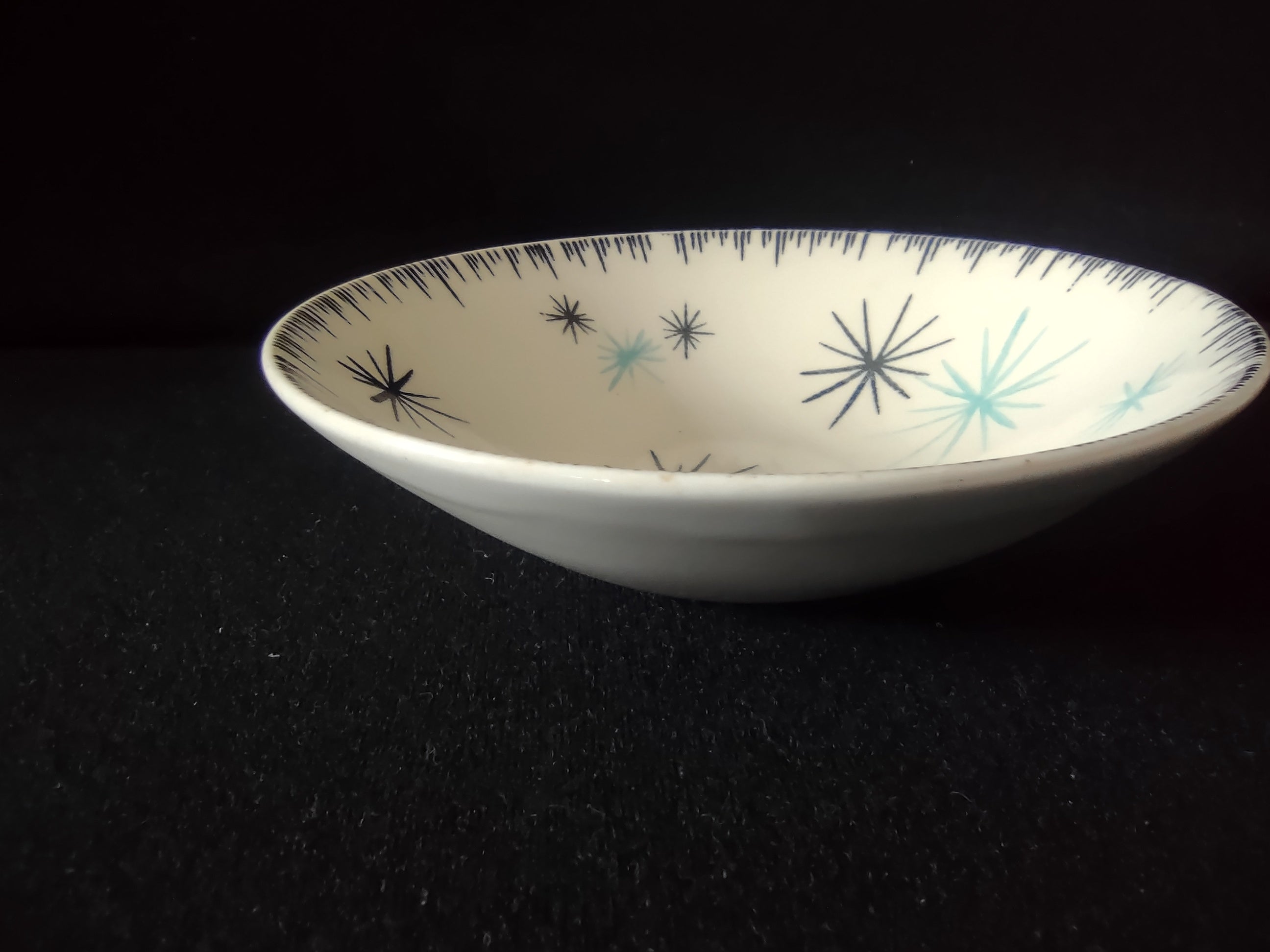 Vintage Homer Laughlin Dura-Print Atomic Starburst Berry Bowl Black Teal [6477]