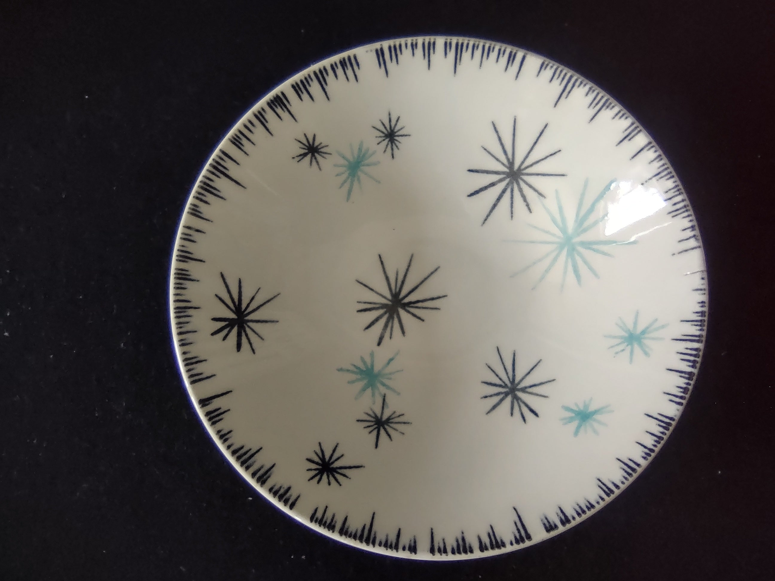 Vintage Homer Laughlin Dura-Print Atomic Starburst Berry Bowl Black Teal [6477]