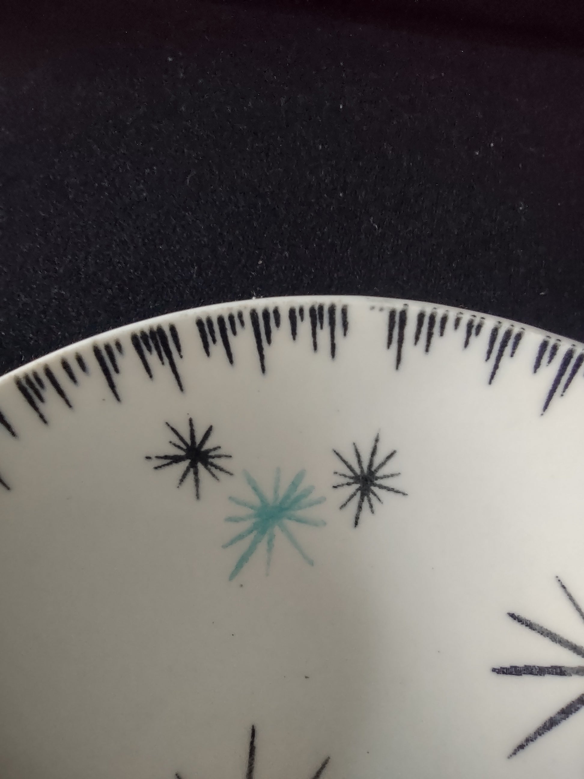 Vintage Homer Laughlin Dura-Print Atomic Starburst Berry Bowl Black Teal [6477]