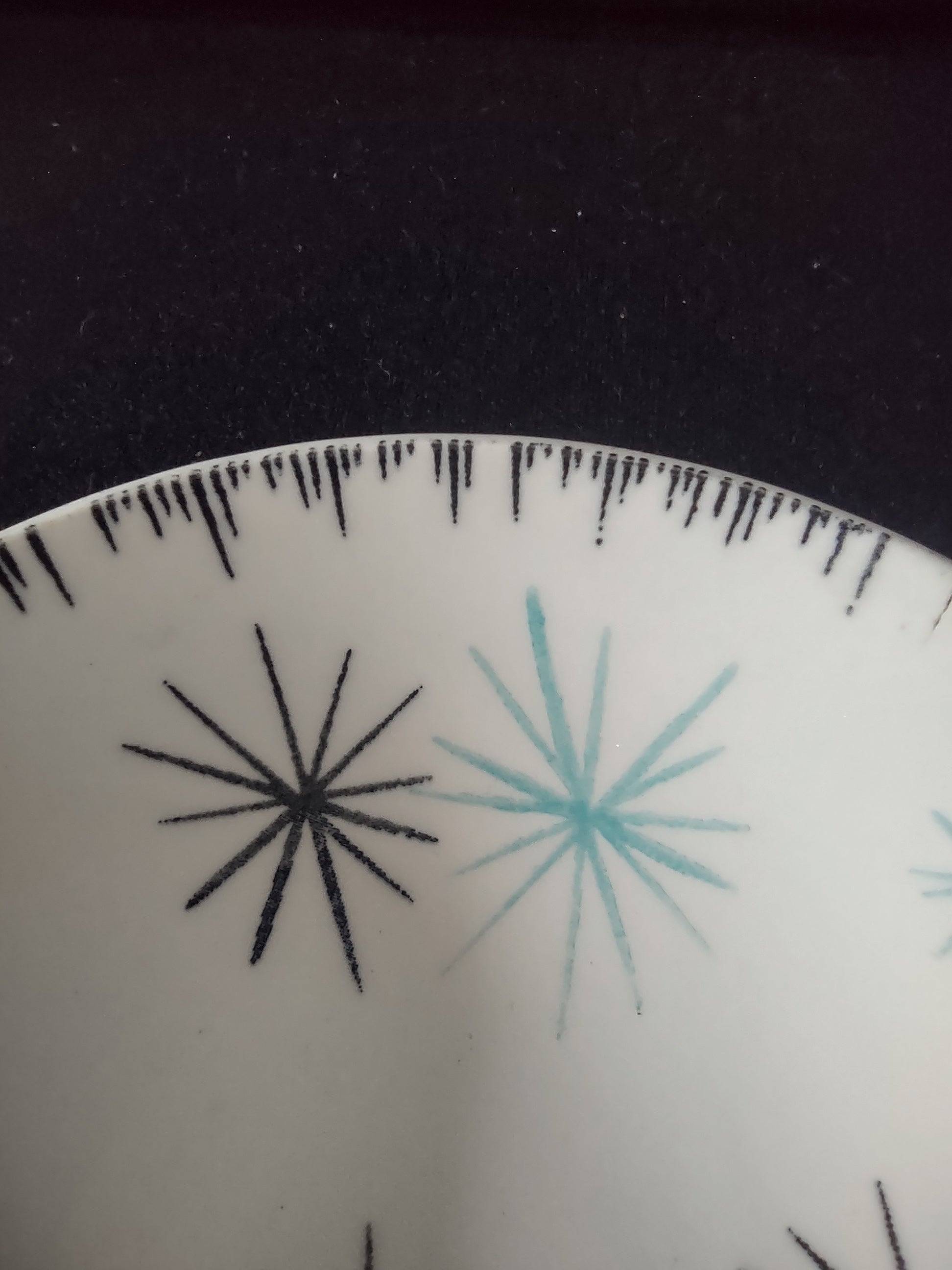 Vintage Homer Laughlin Dura-Print Atomic Starburst Berry Bowl Black Teal [6477]