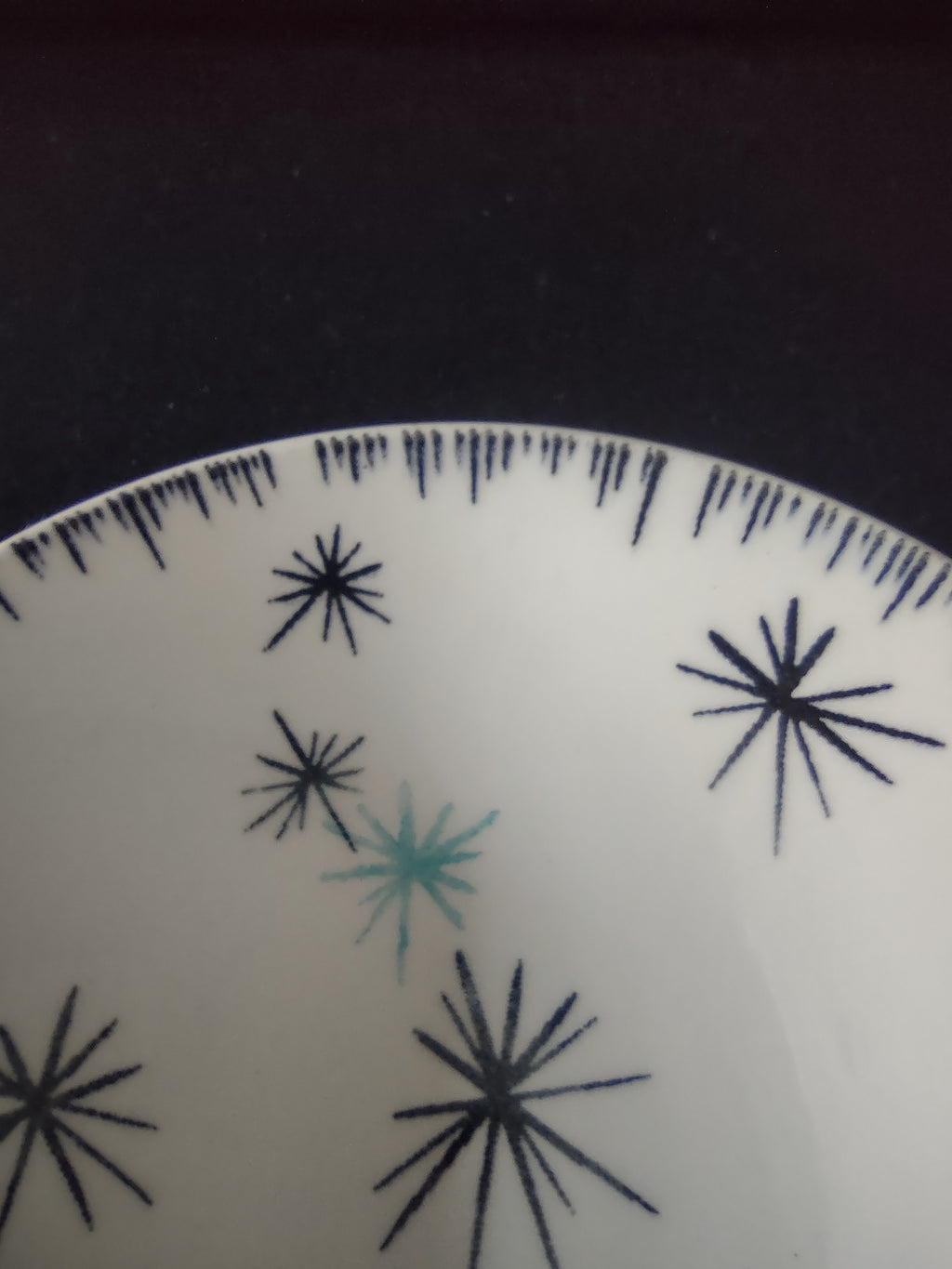 Vintage Homer Laughlin Dura-Print Atomic Starburst Berry Bowl Black Teal [6477]