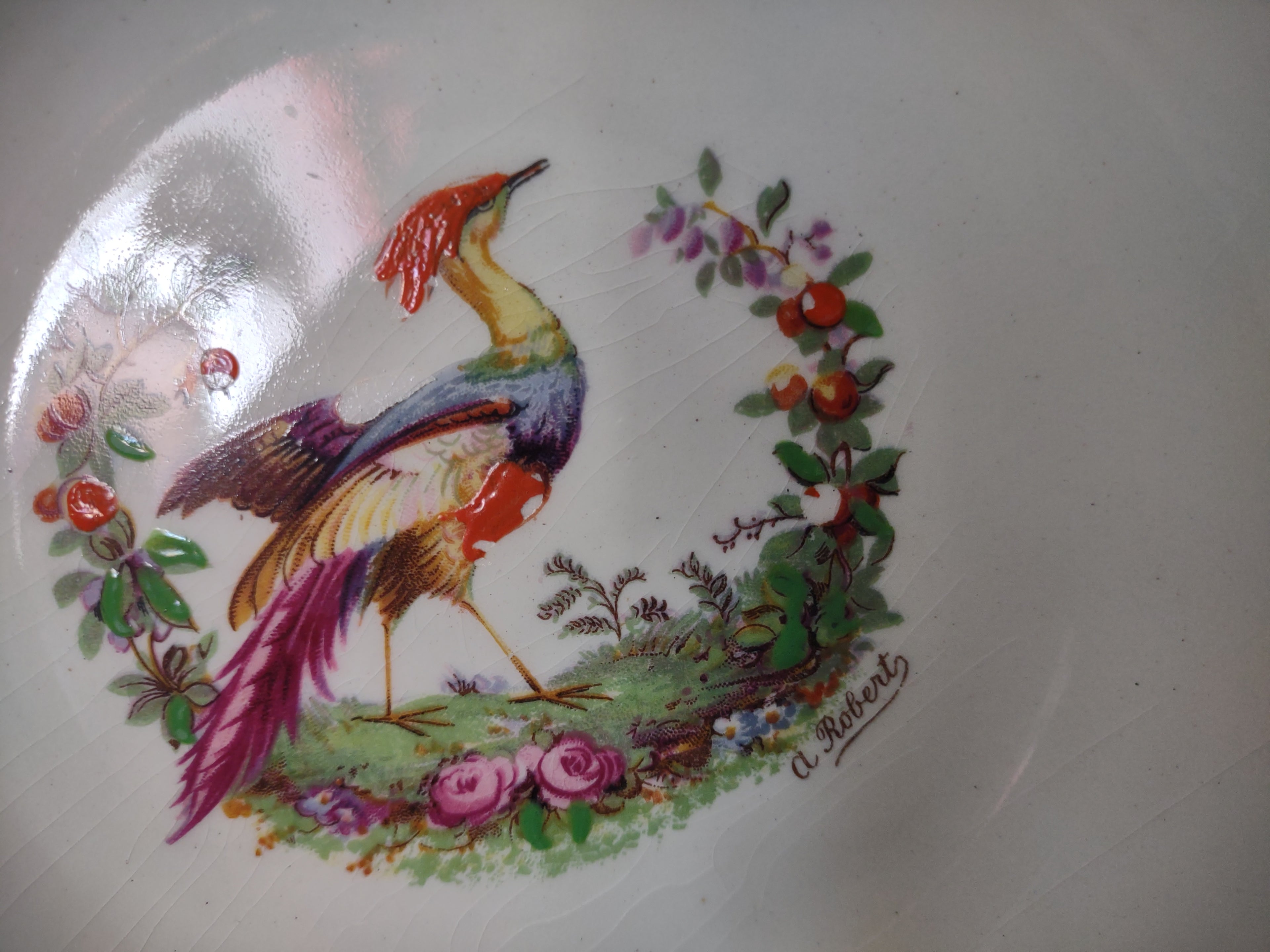 Vintage Myott Bird of Paradise Red Serving Bowl Repaired Staffordshire [6490]