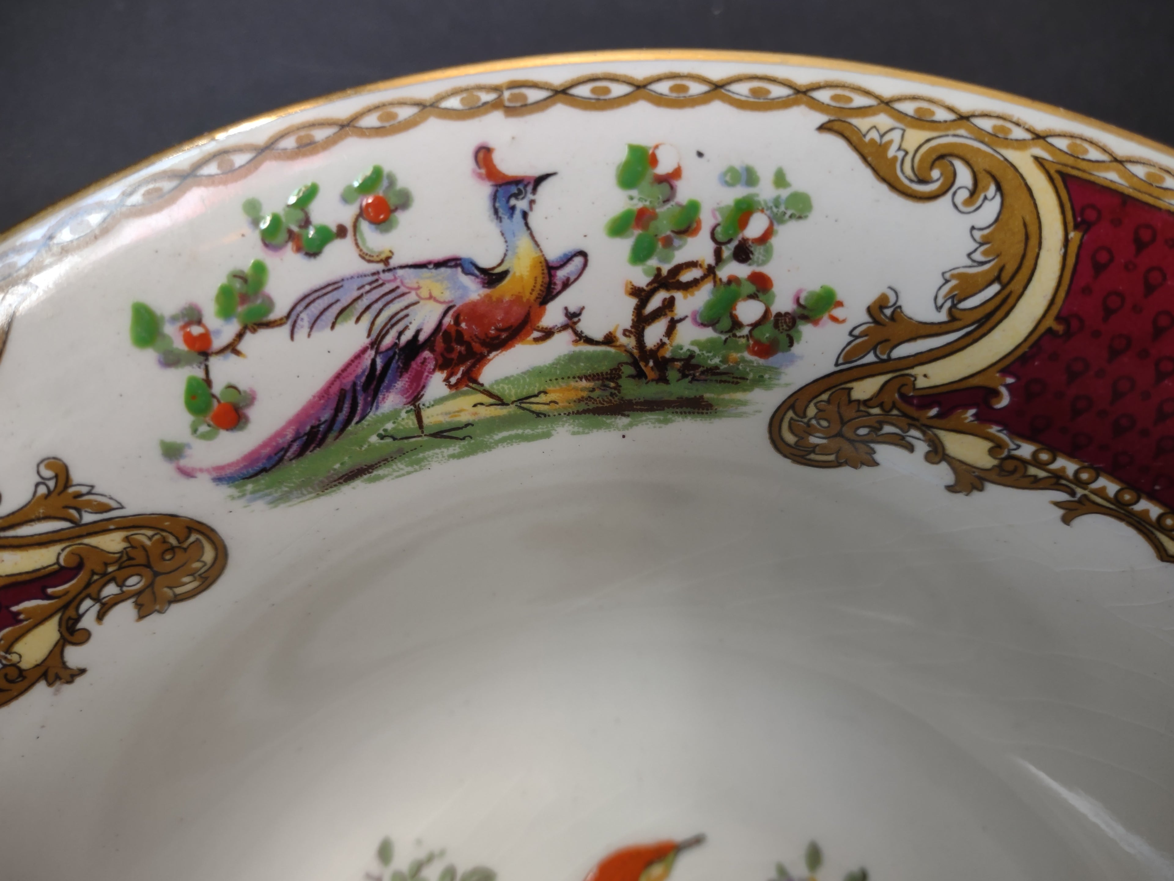 Vintage Myott Bird of Paradise Red Serving Bowl Repaired Staffordshire [6490]
