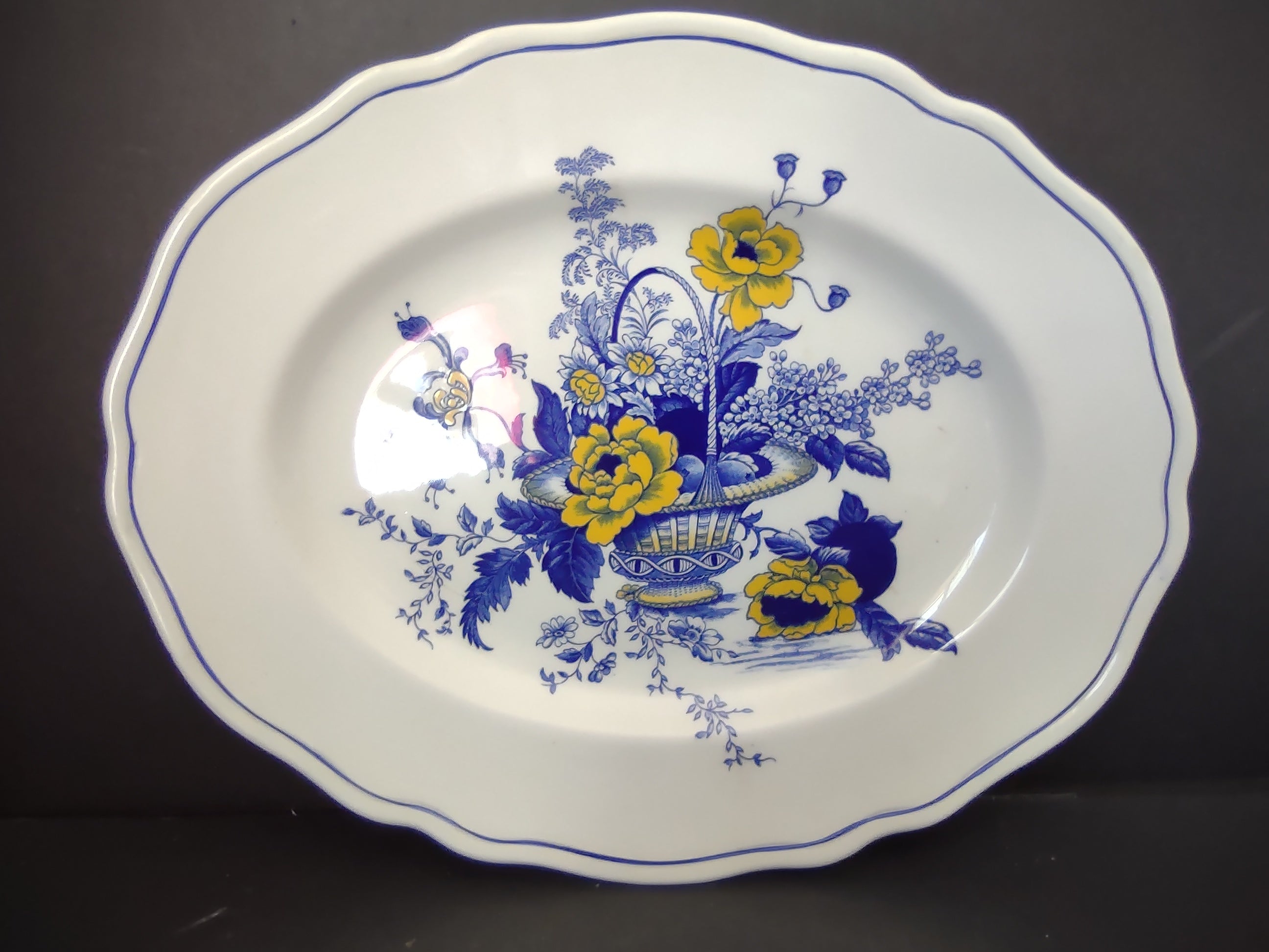 Vintage Enoch Tunstall Surrey Blue Yellow Floral Oval Platter Repaired [6491]