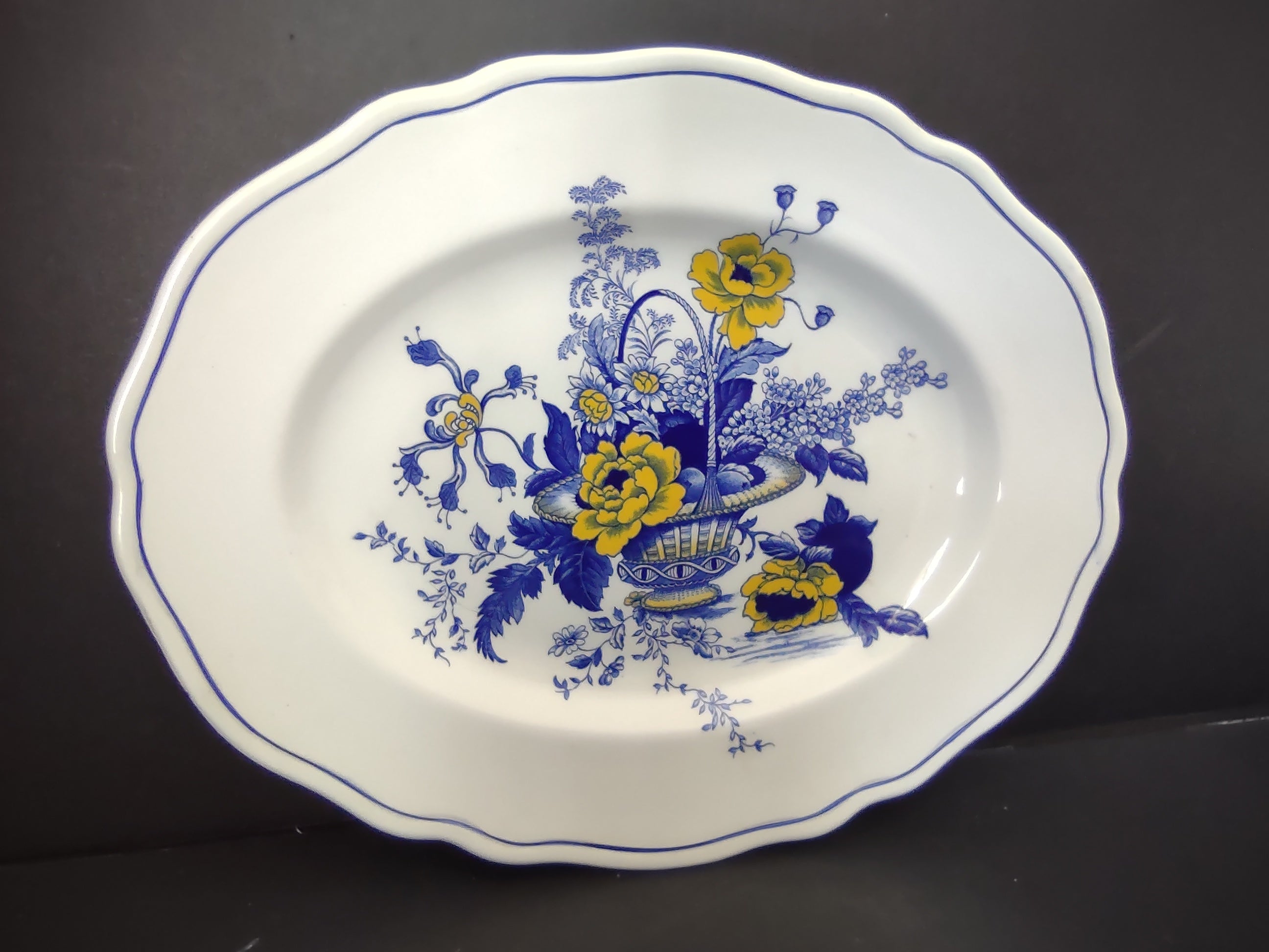 Vintage Enoch Tunstall Surrey Blue Yellow Floral Oval Platter Repaired [6491]