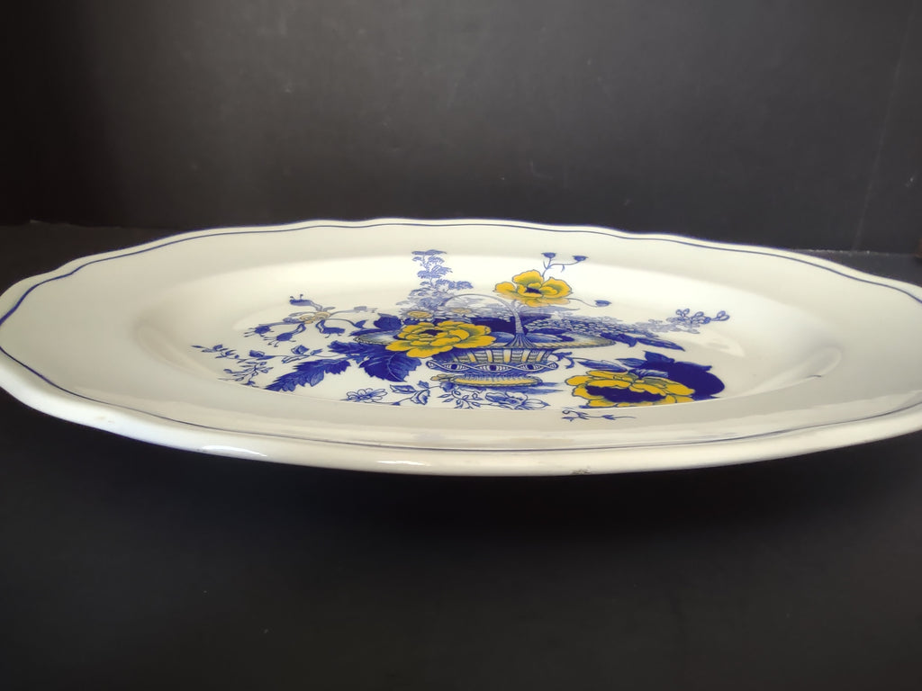 Vintage Enoch Tunstall Surrey Blue Yellow Floral Oval Platter Repaired [6491]