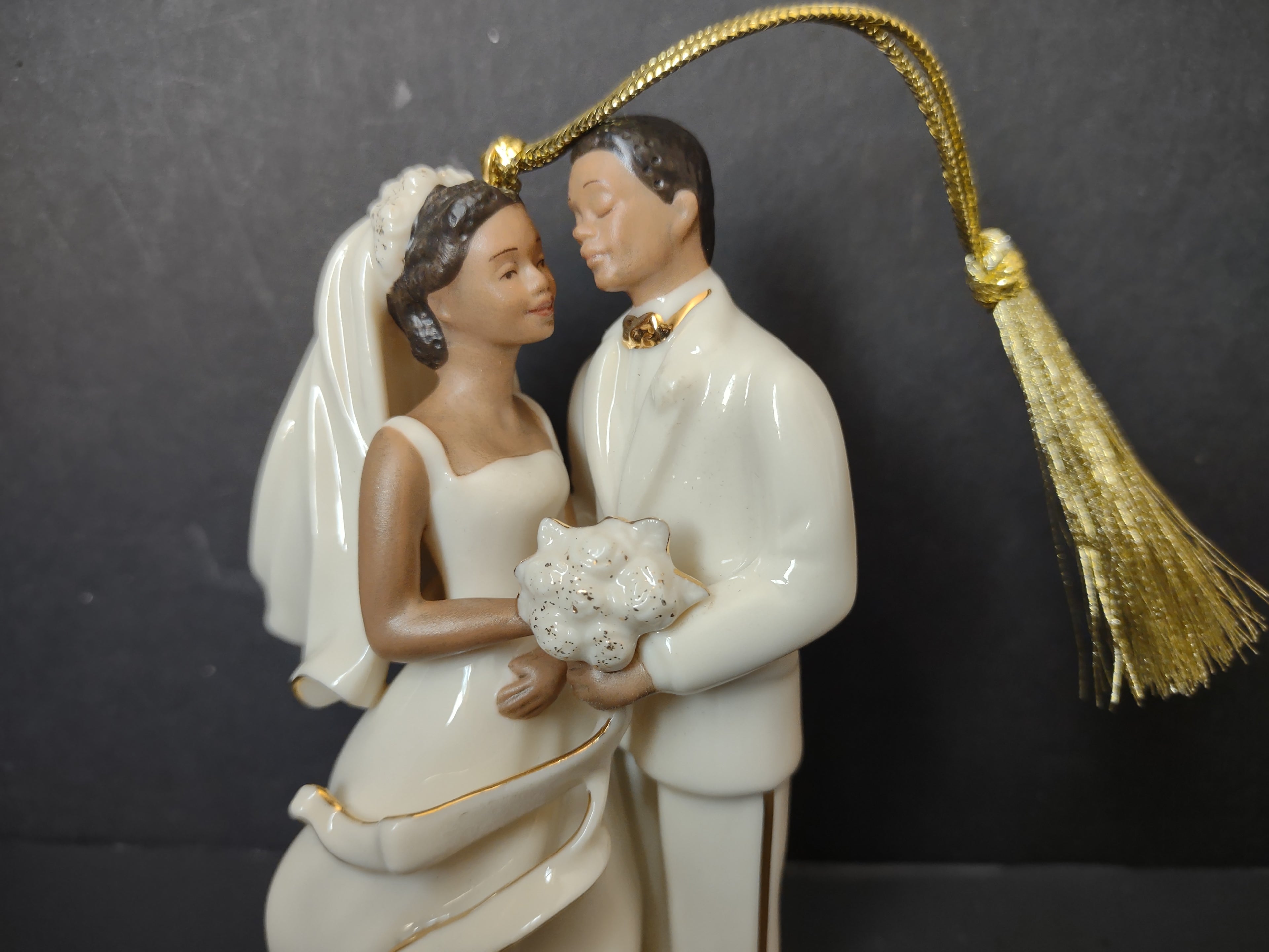 Vintage Lenox Porcelain Bride Groom Wedding Ornament Cream Gold Tassel [4868]
