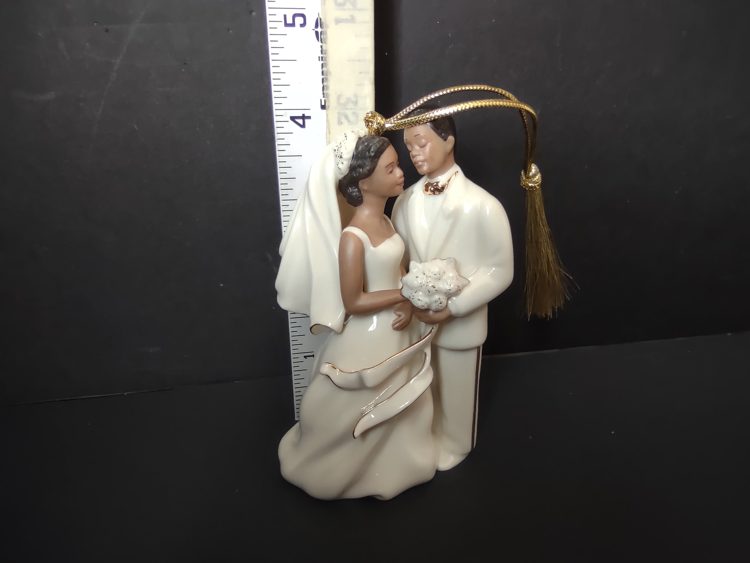 Vintage Lenox Porcelain Bride Groom Wedding Ornament Cream Gold Tassel [4868]