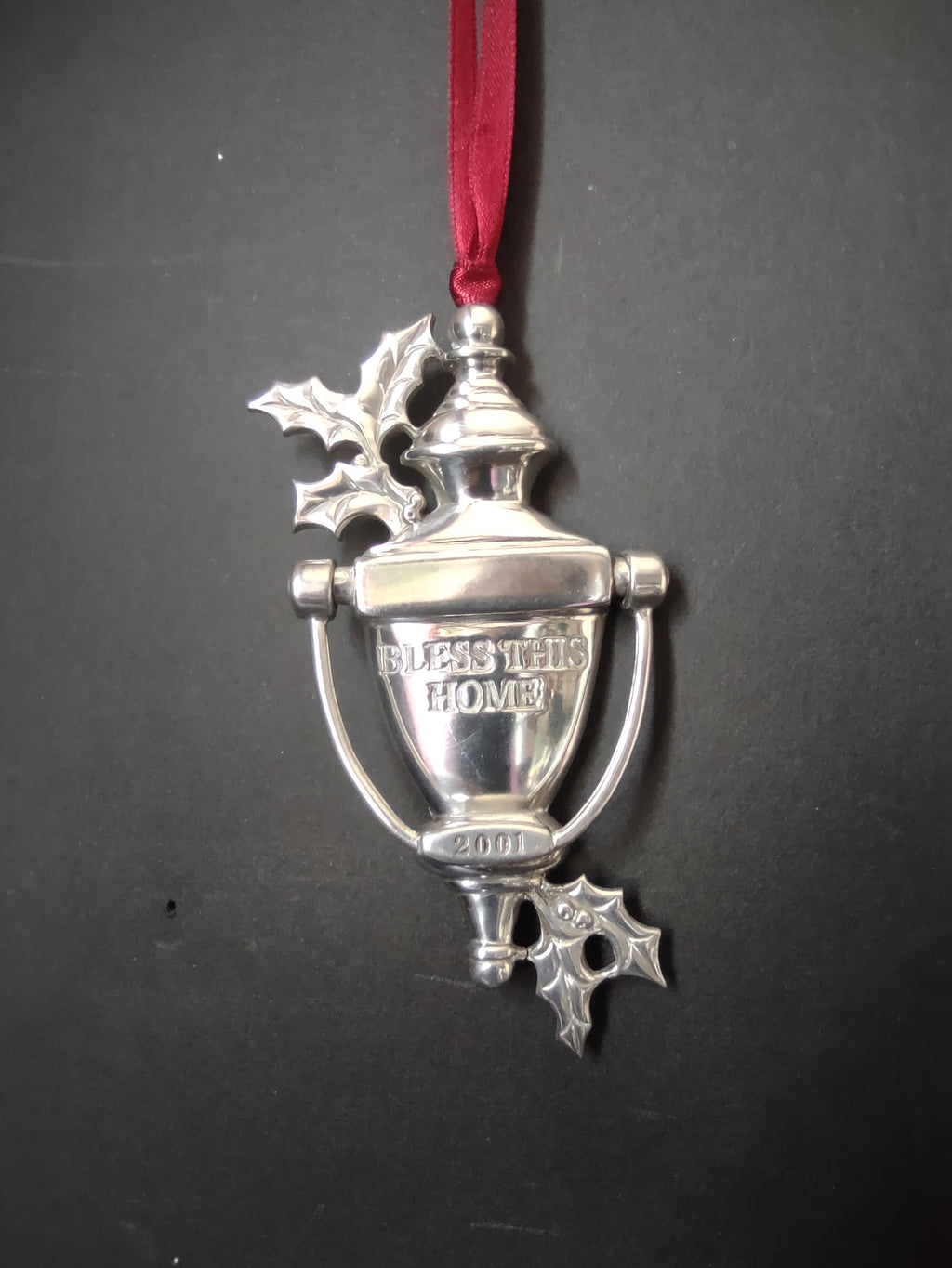 Vintage Lenox 2001 Bless This Home Door Knocker Pewter Ornament Holly [4869]