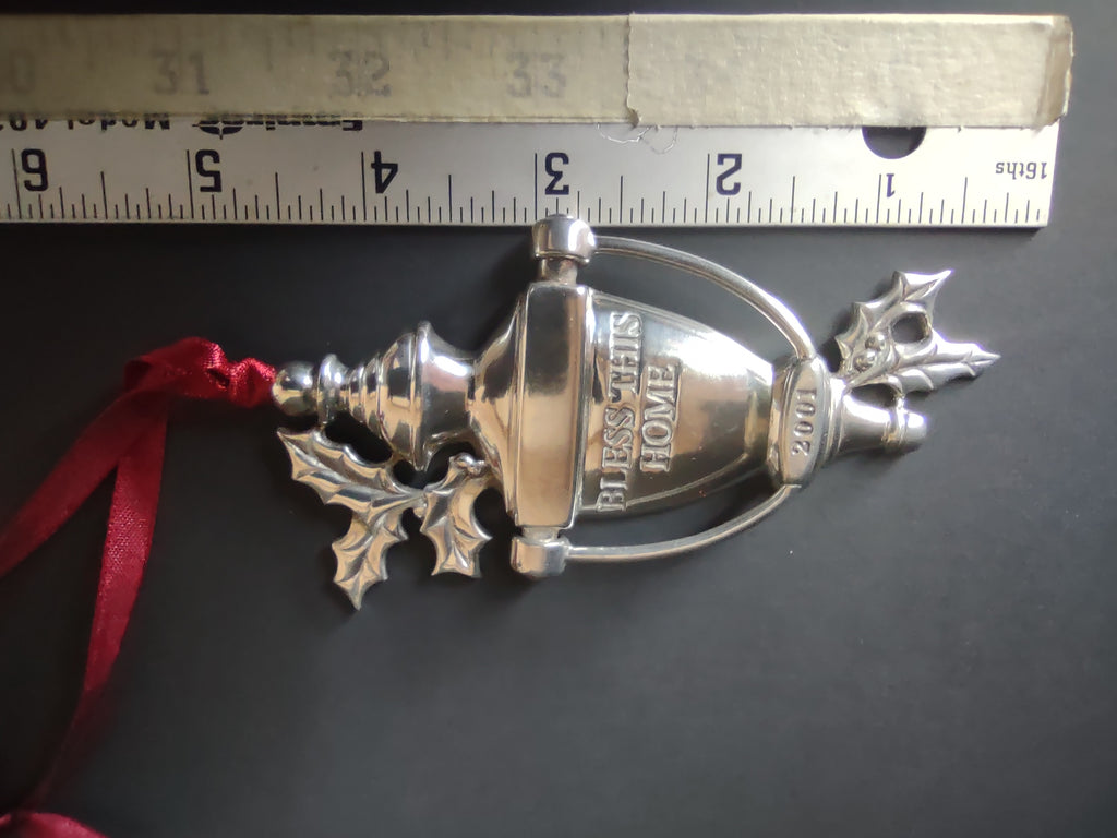 Vintage Lenox 2001 Bless This Home Door Knocker Pewter Ornament Holly [4869]