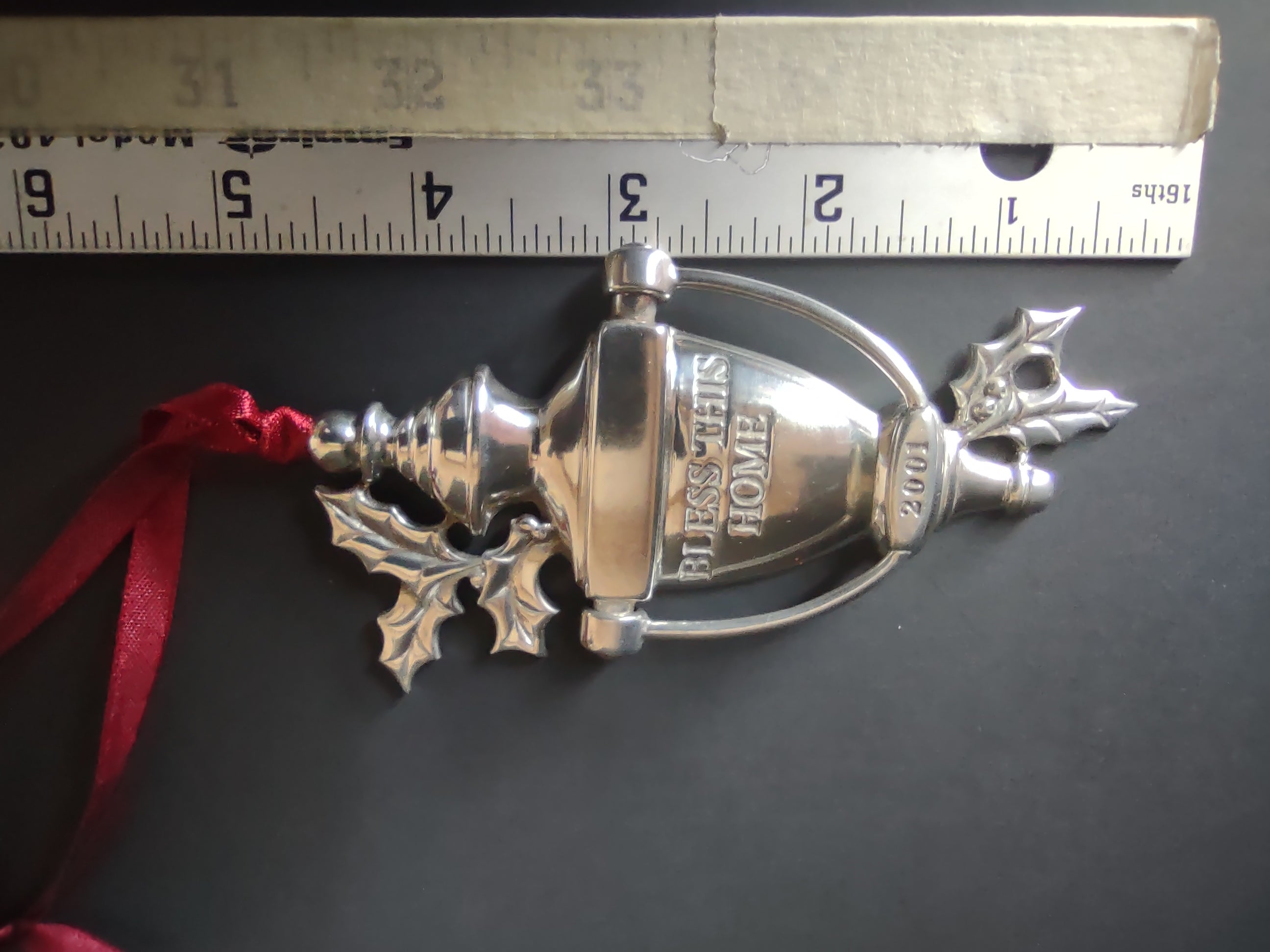 Vintage Lenox 2001 Bless This Home Door Knocker Pewter Ornament Holly [4869]