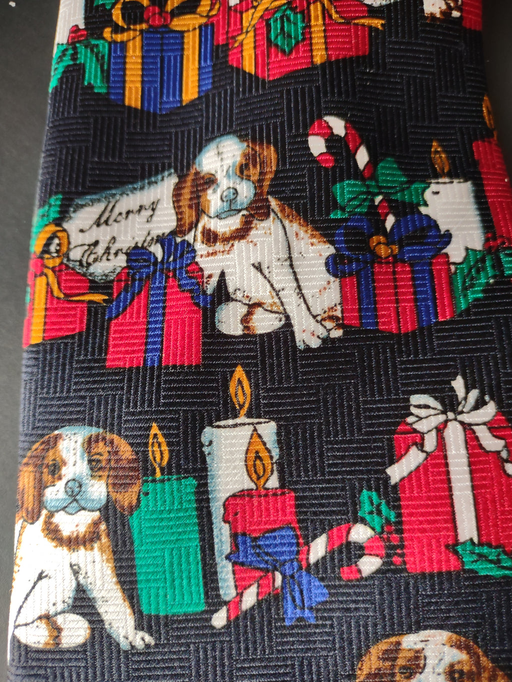 Vintage Happy Holidays Navy Necktie Spaniel Dogs Christmas Made in Italy [4871]