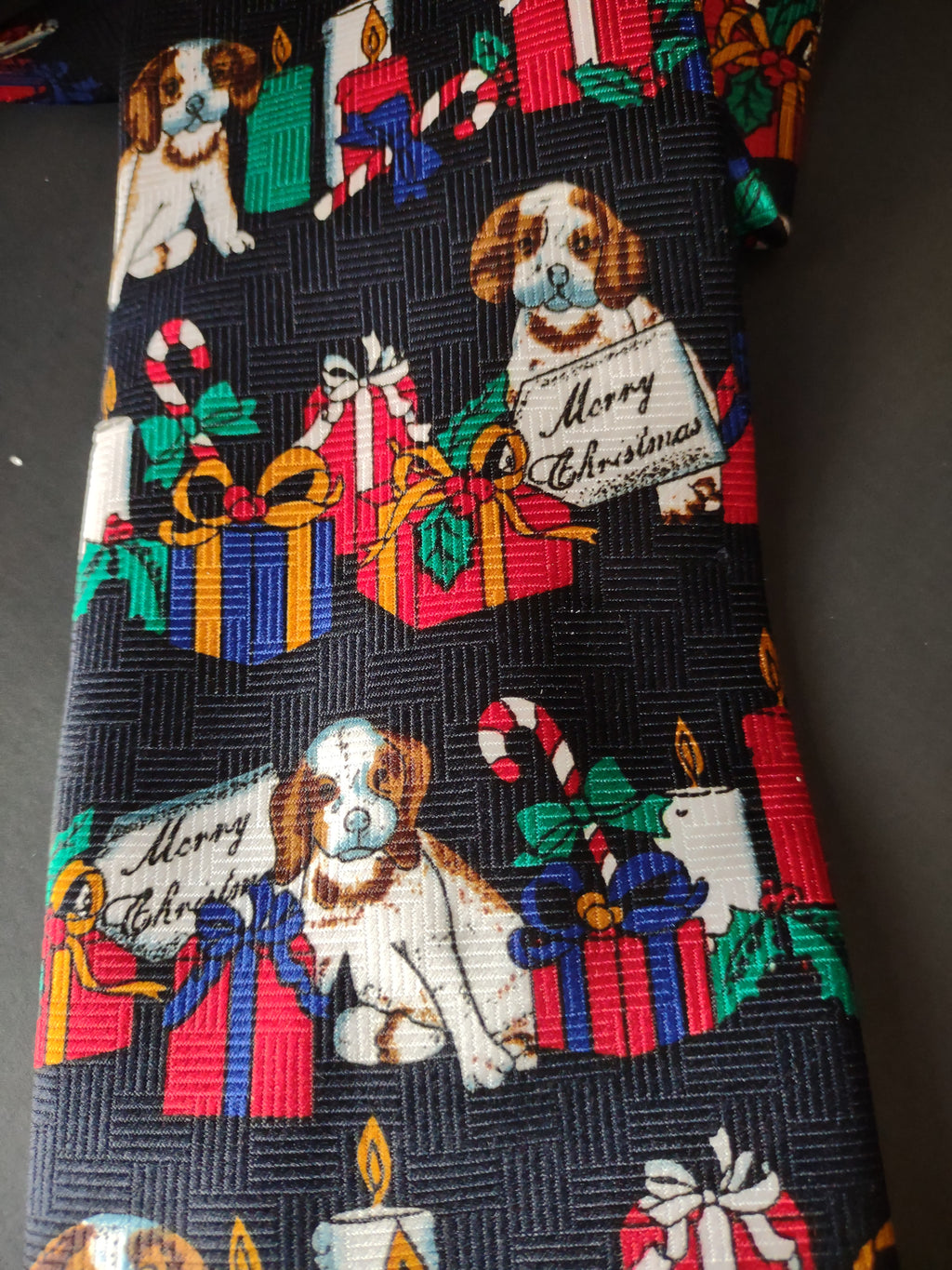 Vintage Happy Holidays Navy Necktie Spaniel Dogs Christmas Made in Italy [4871]