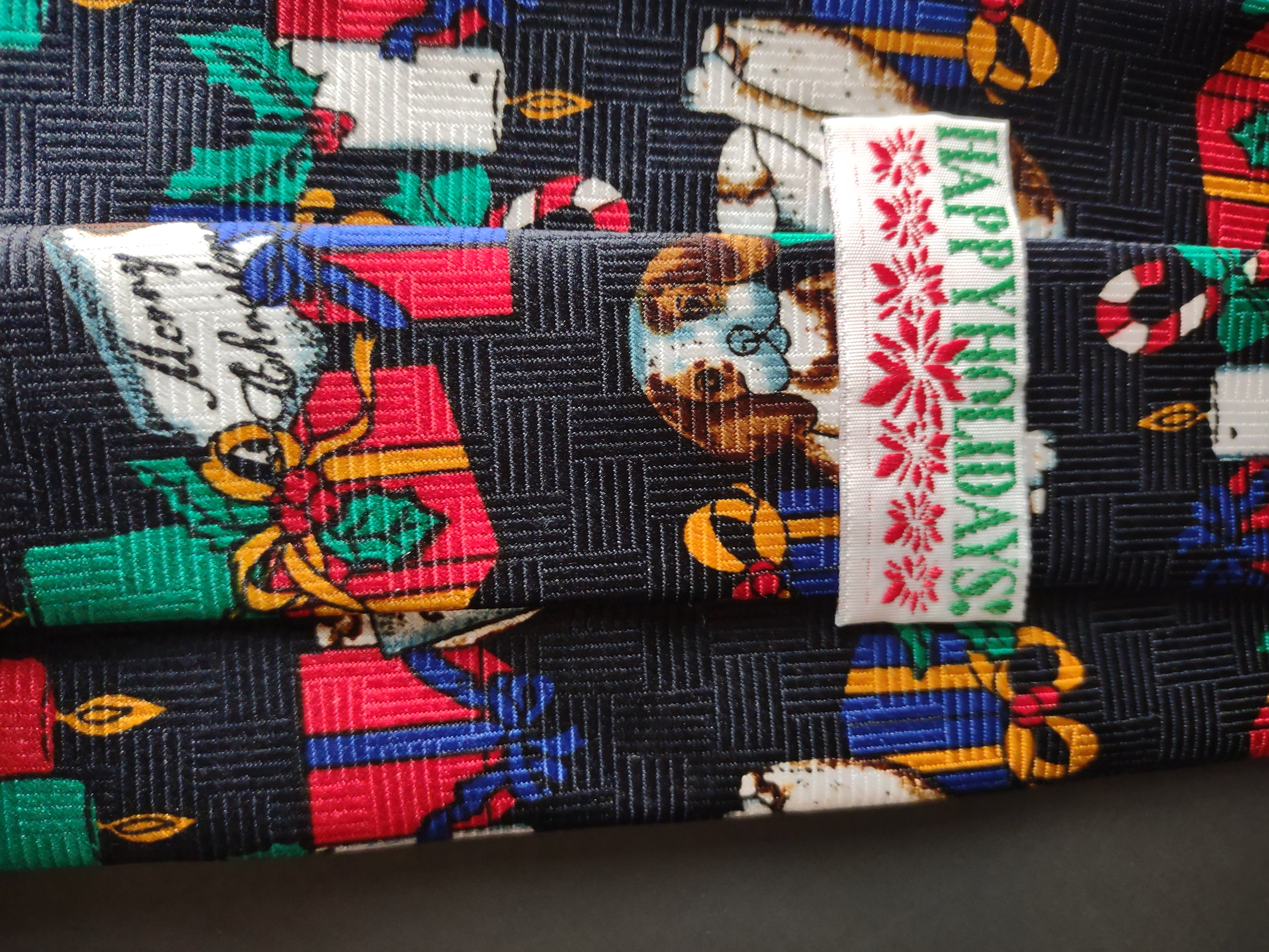Vintage Happy Holidays Navy Necktie Spaniel Dogs Christmas Made in Italy [4871]