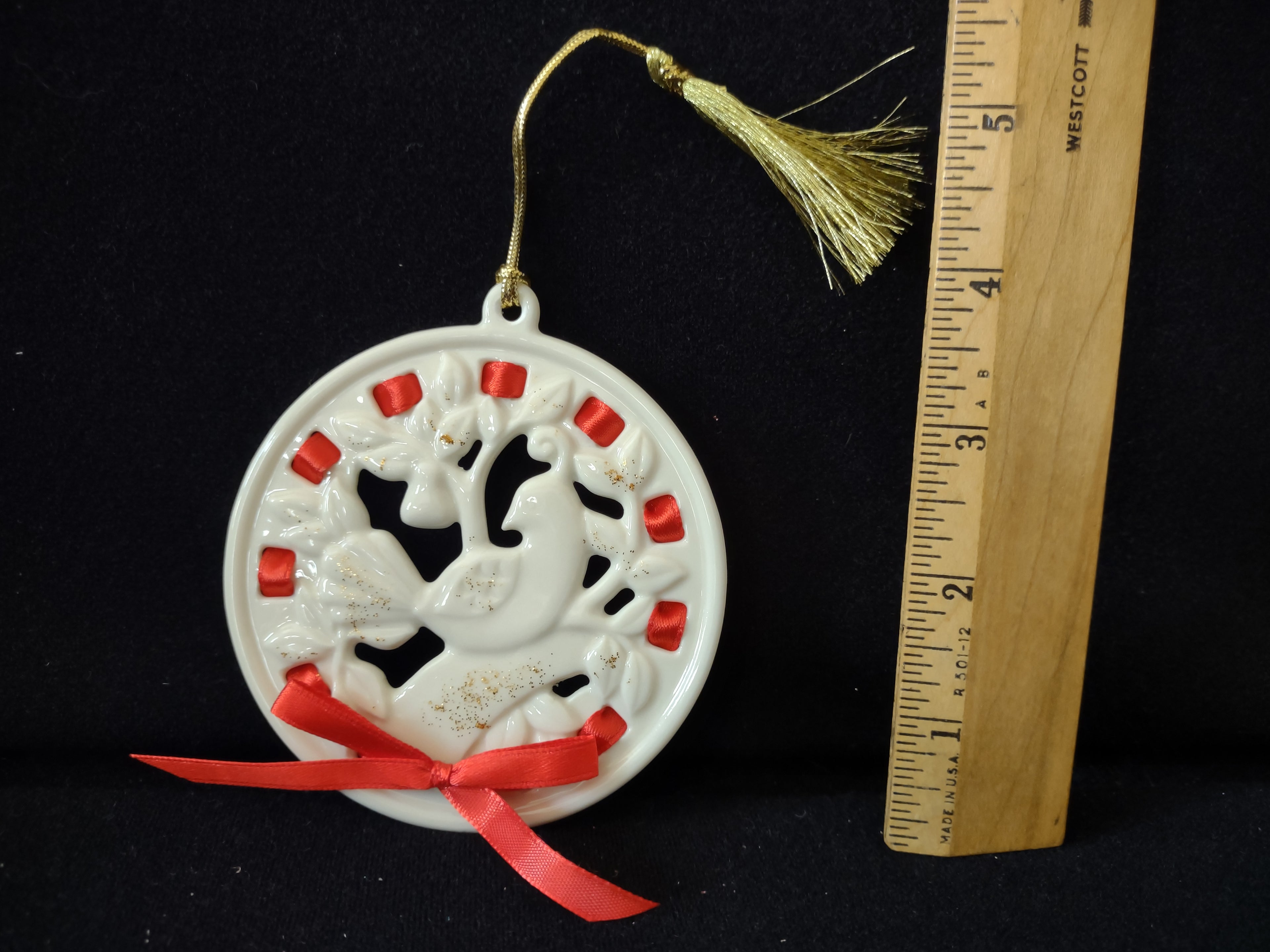 Vintage Lenox Porcelain Partridge Christmas Ornament Red Ribbon Gold [4880]