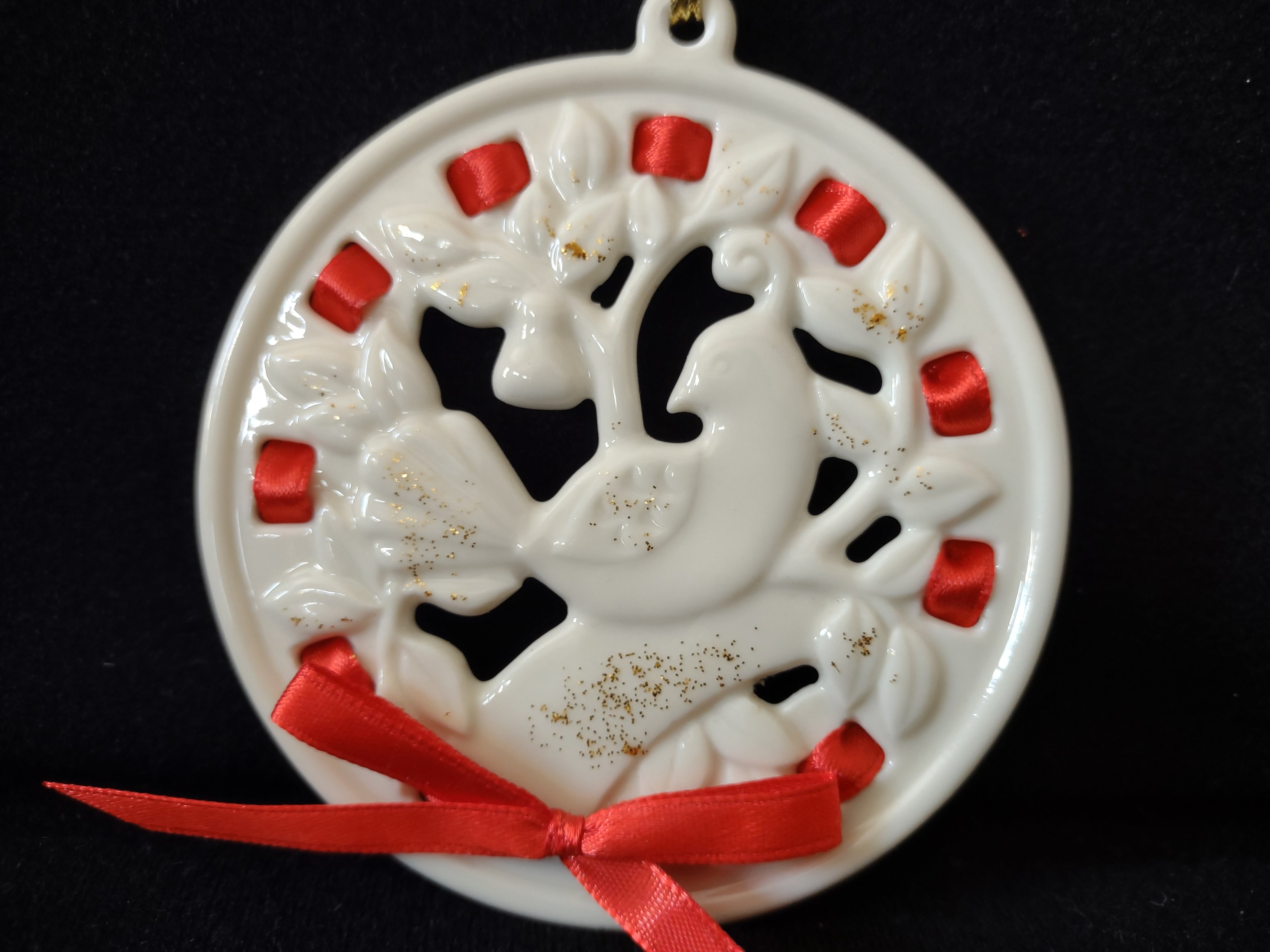Vintage Lenox Porcelain Partridge Christmas Ornament Red Ribbon Gold [4880]