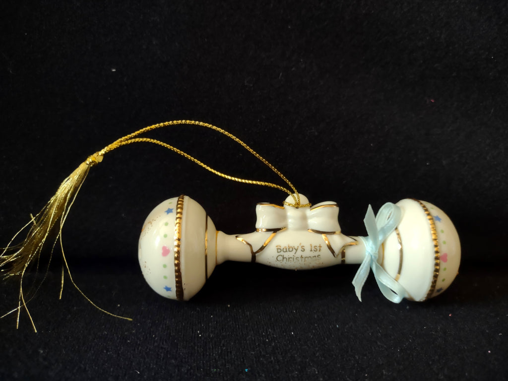 Vintage Lenox Baby's 1st Christmas Rattle Ornament Cream & Gold [4875]