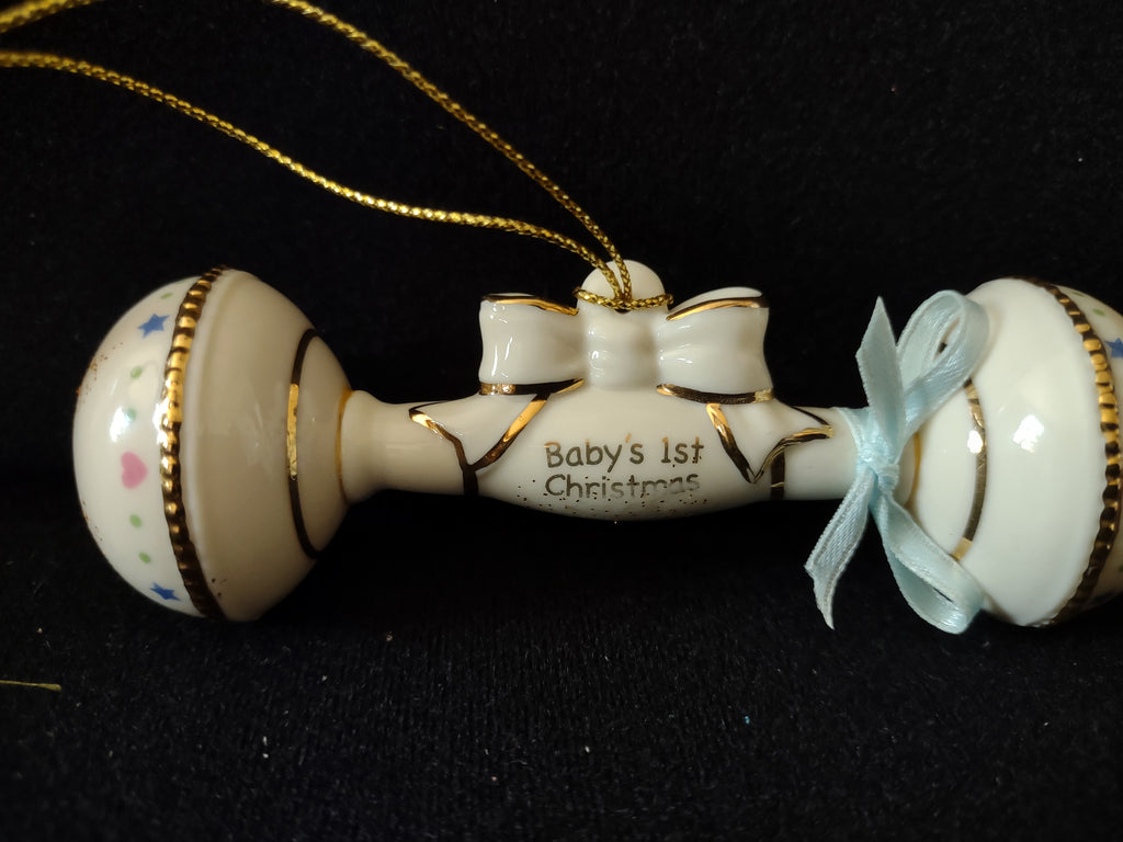 Vintage Lenox Baby's 1st Christmas Rattle Ornament Cream & Gold [4875]