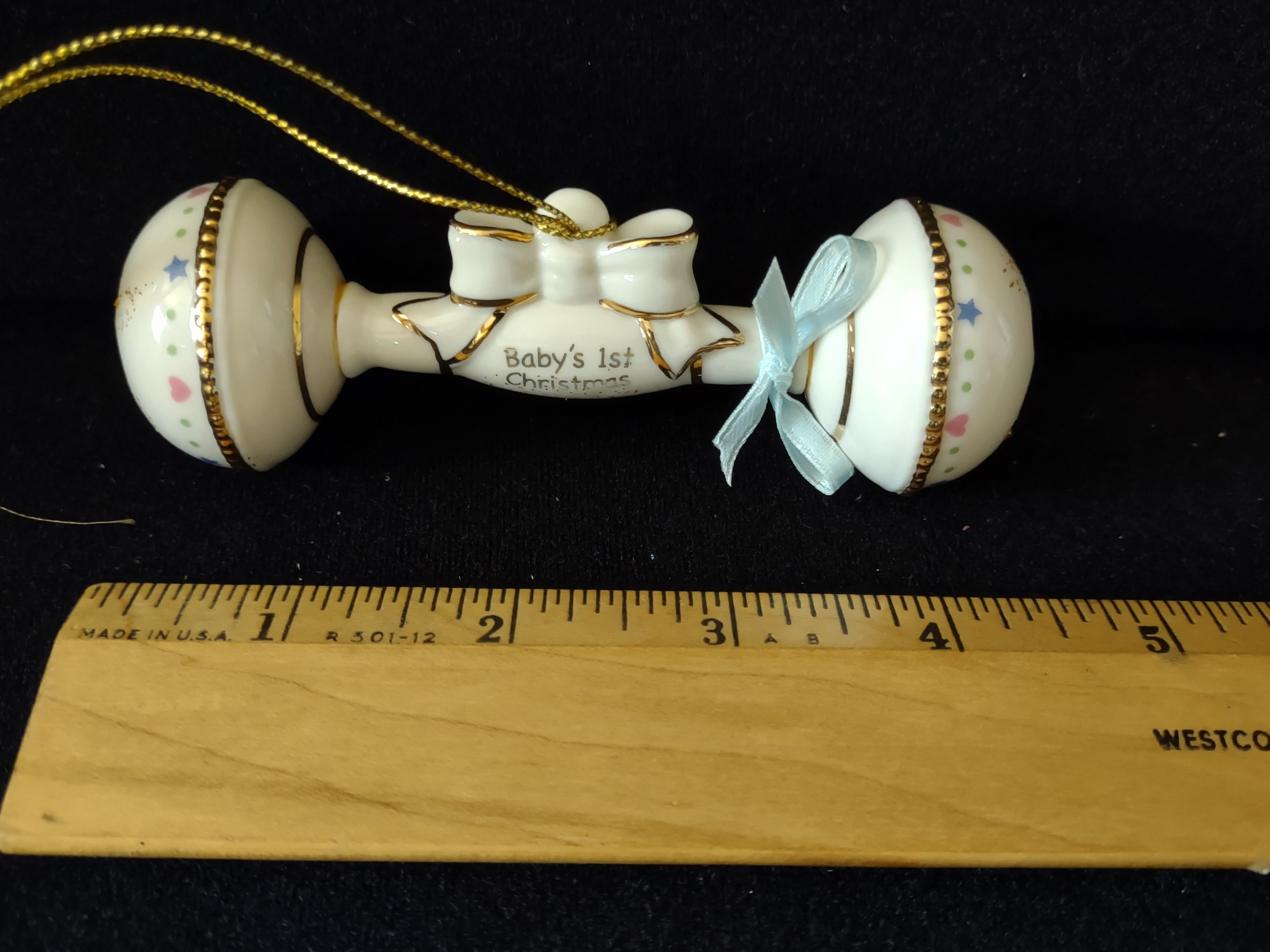 Vintage Lenox Baby's 1st Christmas Rattle Ornament Cream & Gold [4875]
