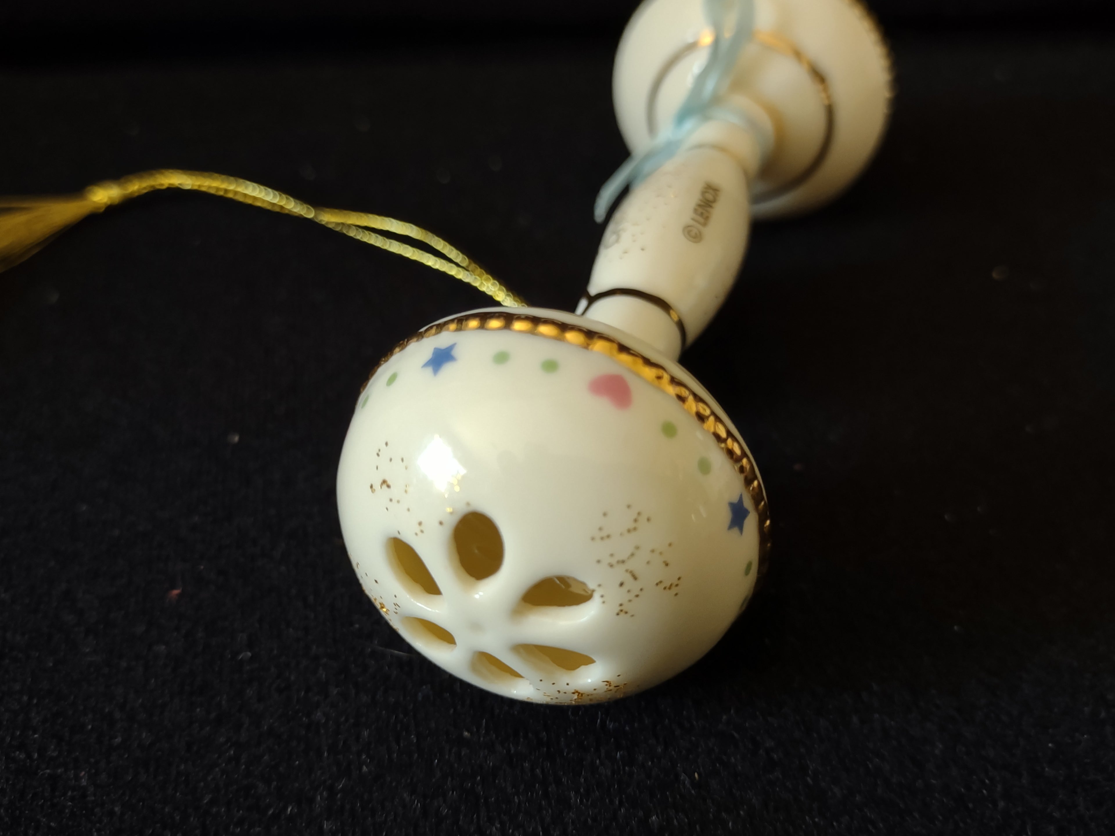 Vintage Lenox Baby's 1st Christmas Rattle Ornament Cream & Gold [4875]