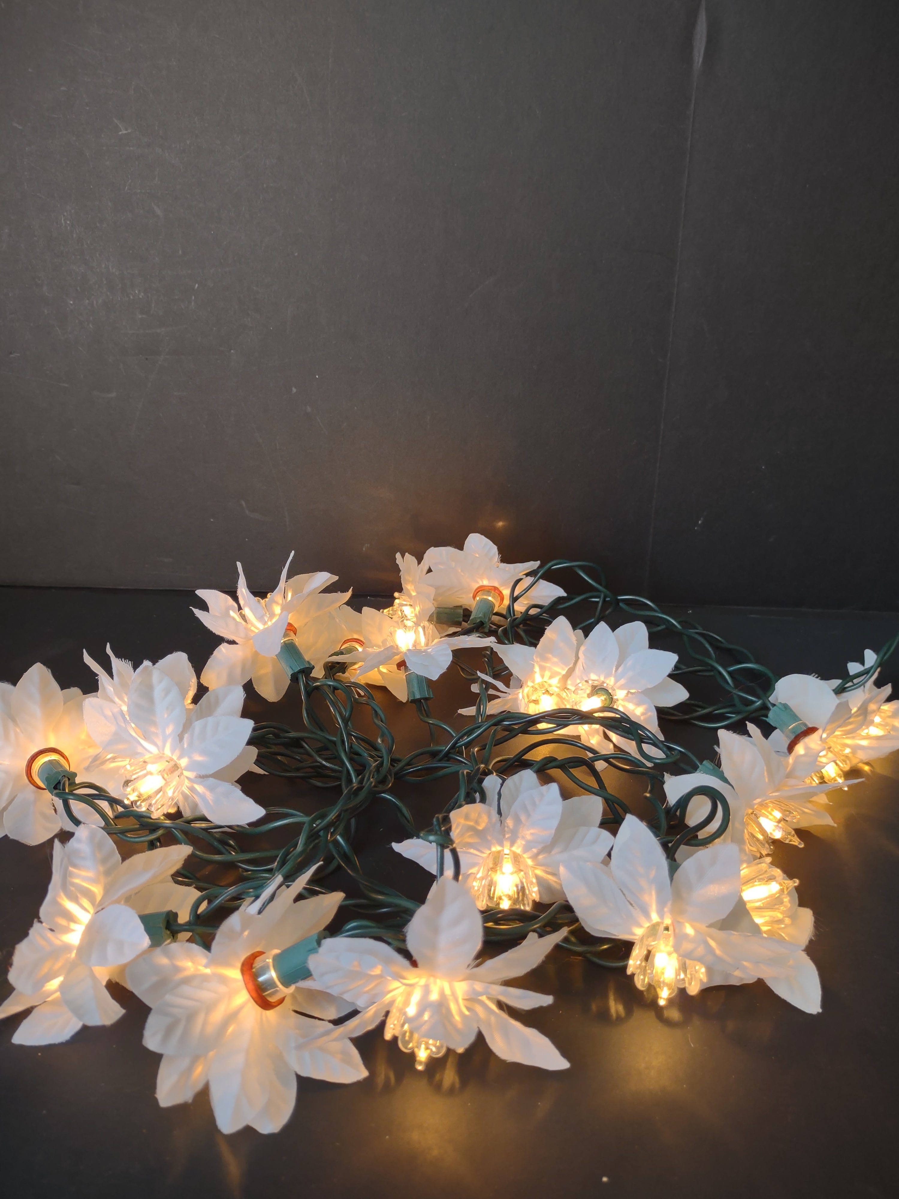 Vintage White Fabric Poinzettia Christmas Light String Set Green Wire [4859]