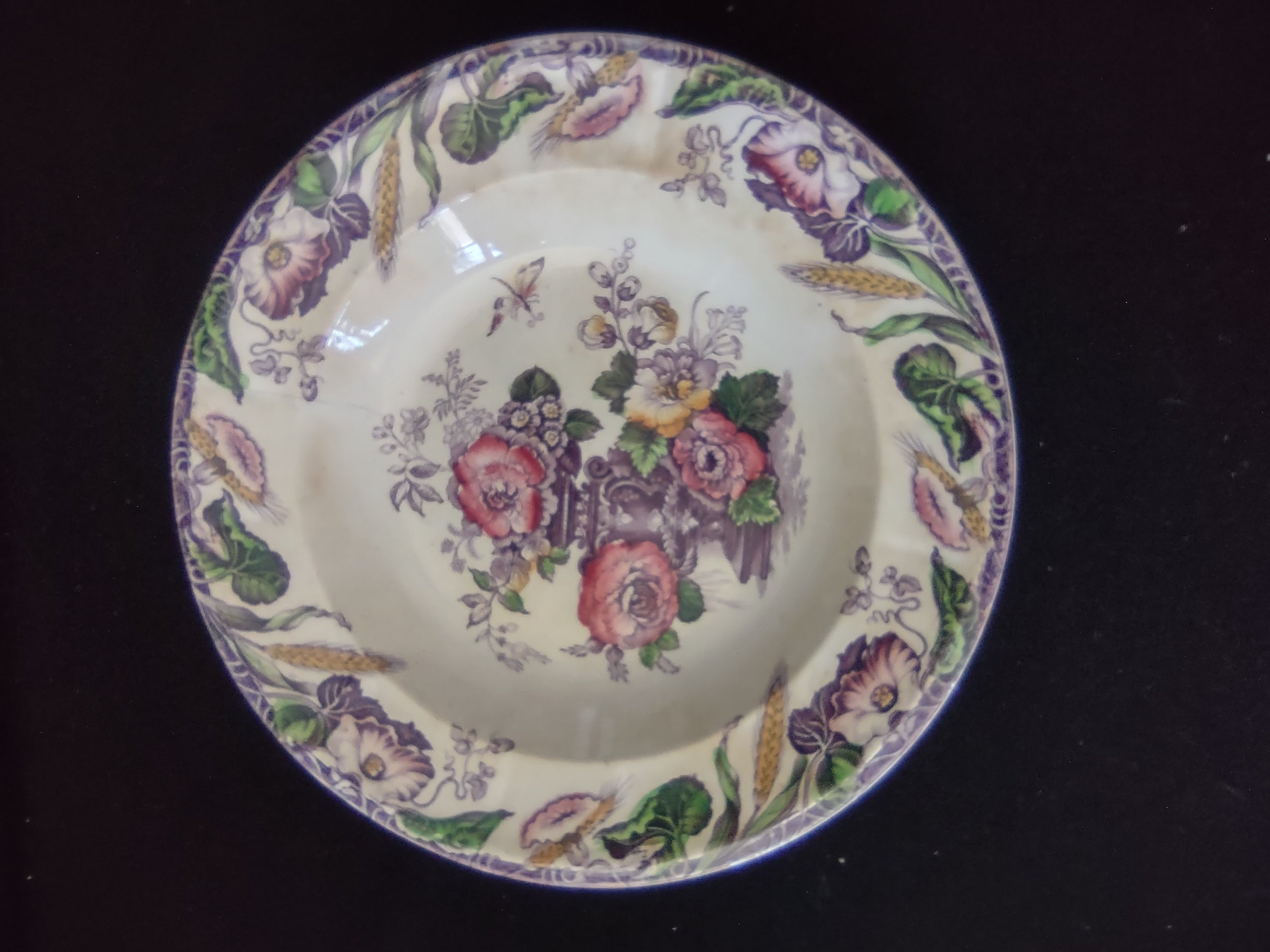 Vintage Avon John Furnival Floral Rose Butterfly Soup Bowl Purple Cream [6529]