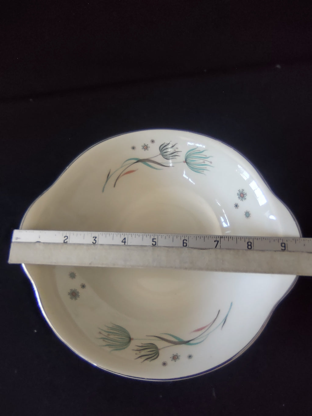Vintage Crooksville Enchantment Teal Pink Botanical Oval Serving Bowl 7" [6534]