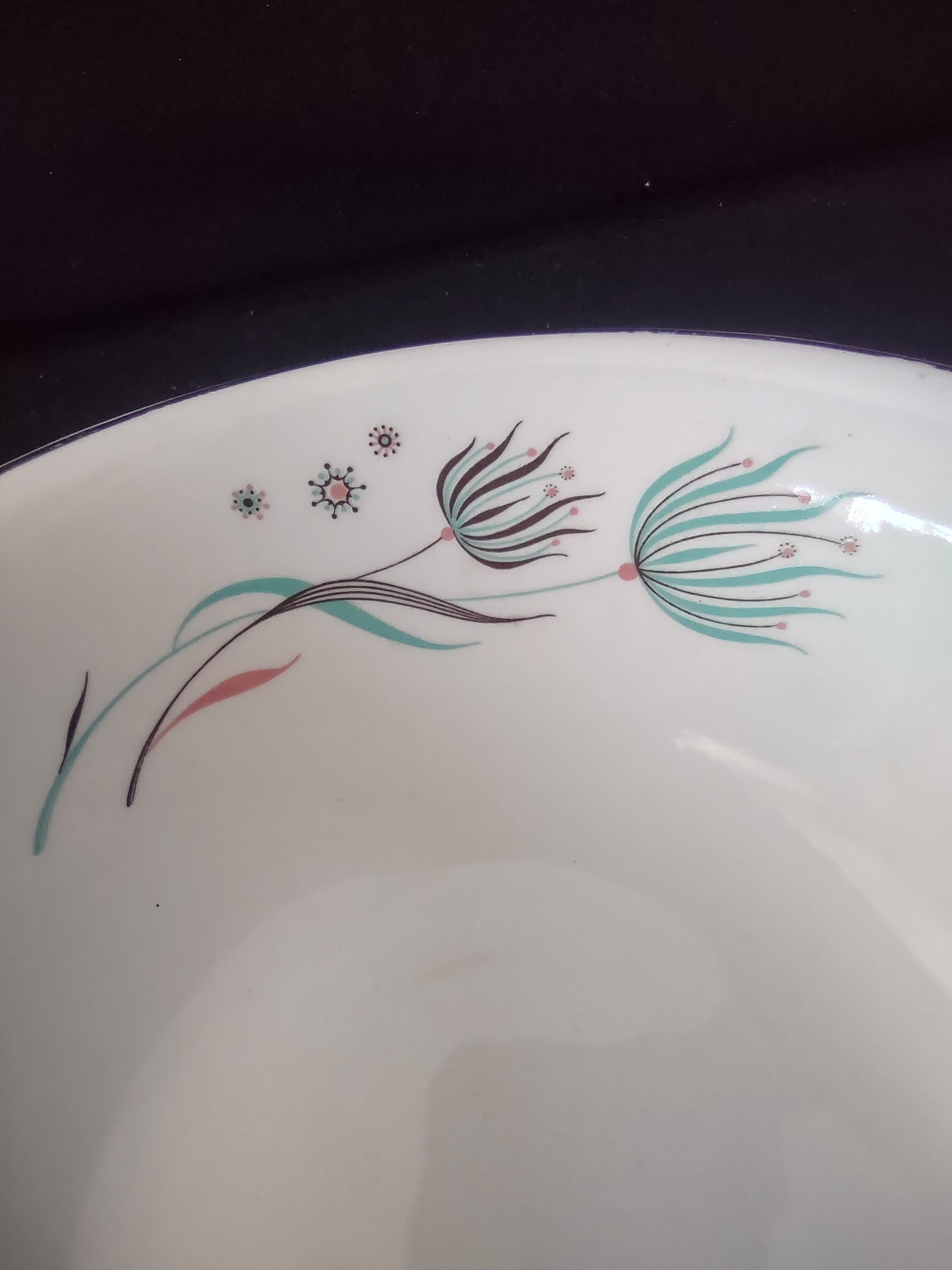 Vintage Crooksville Enchantment Teal Pink Botanical Oval Serving Bowl 7" [6534]