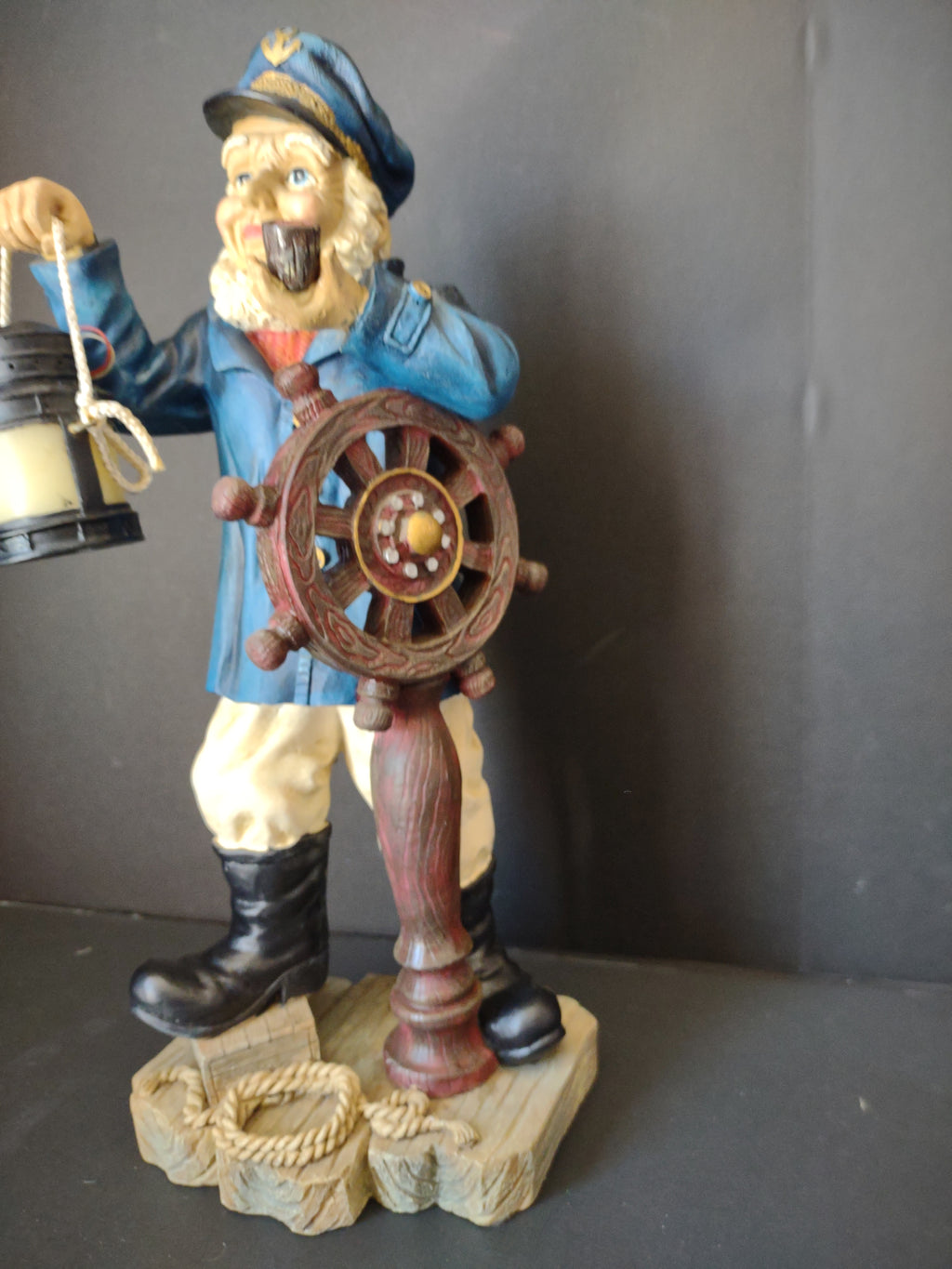 Vintage Sea Captain Sailor Figurine Ship Wheel Lantern Resin 17" [6542]