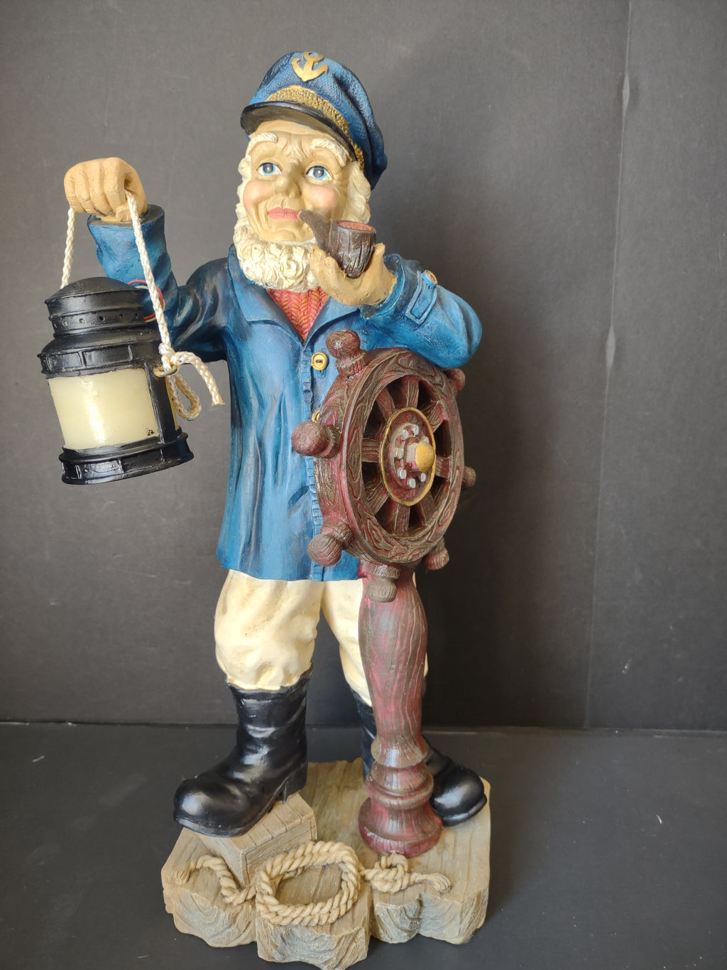 Vintage Sea Captain Sailor Figurine Ship Wheel Lantern Resin 17" [6542]