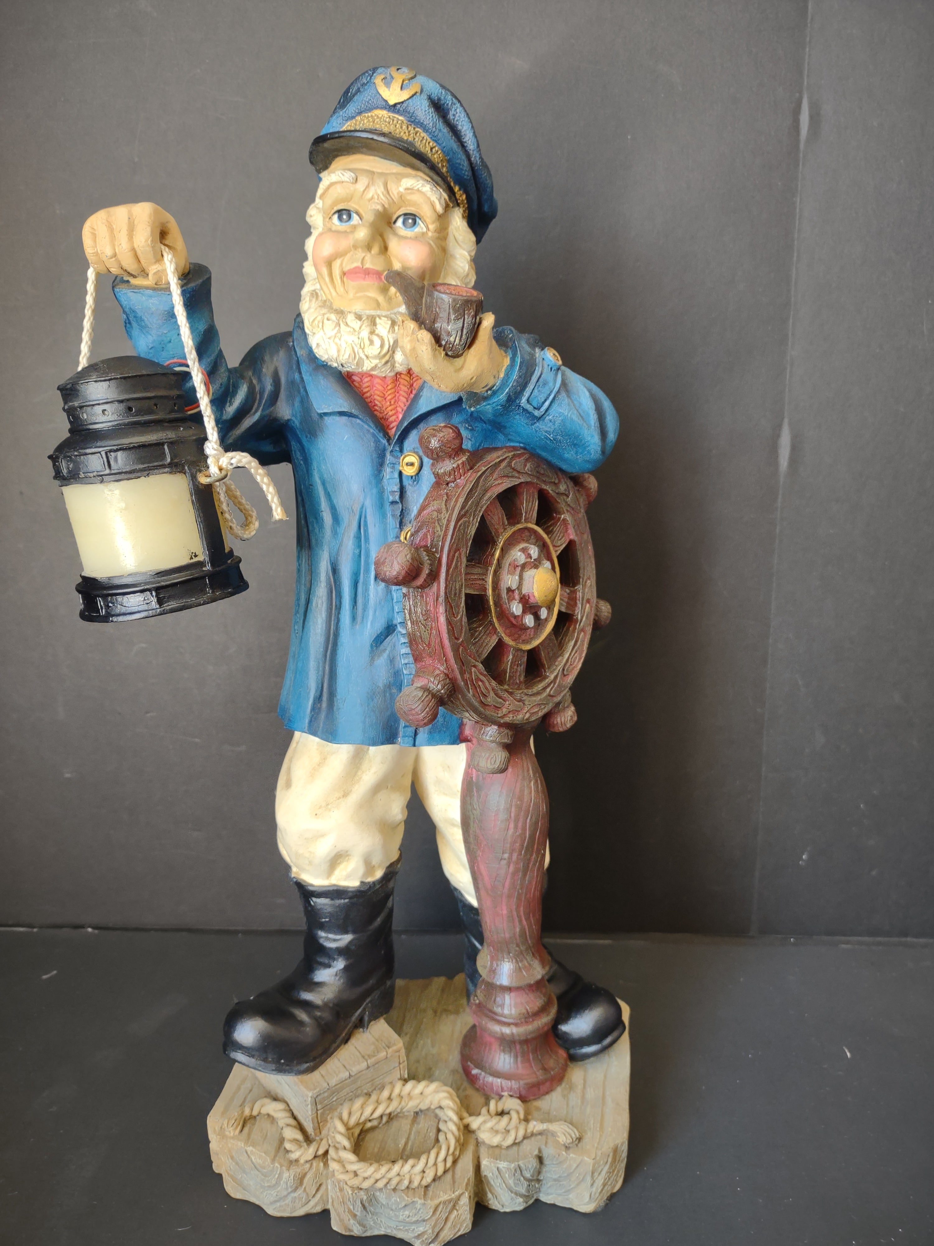 Vintage Sea Captain Sailor Figurine Ship Wheel Lantern Resin 17" [6542]