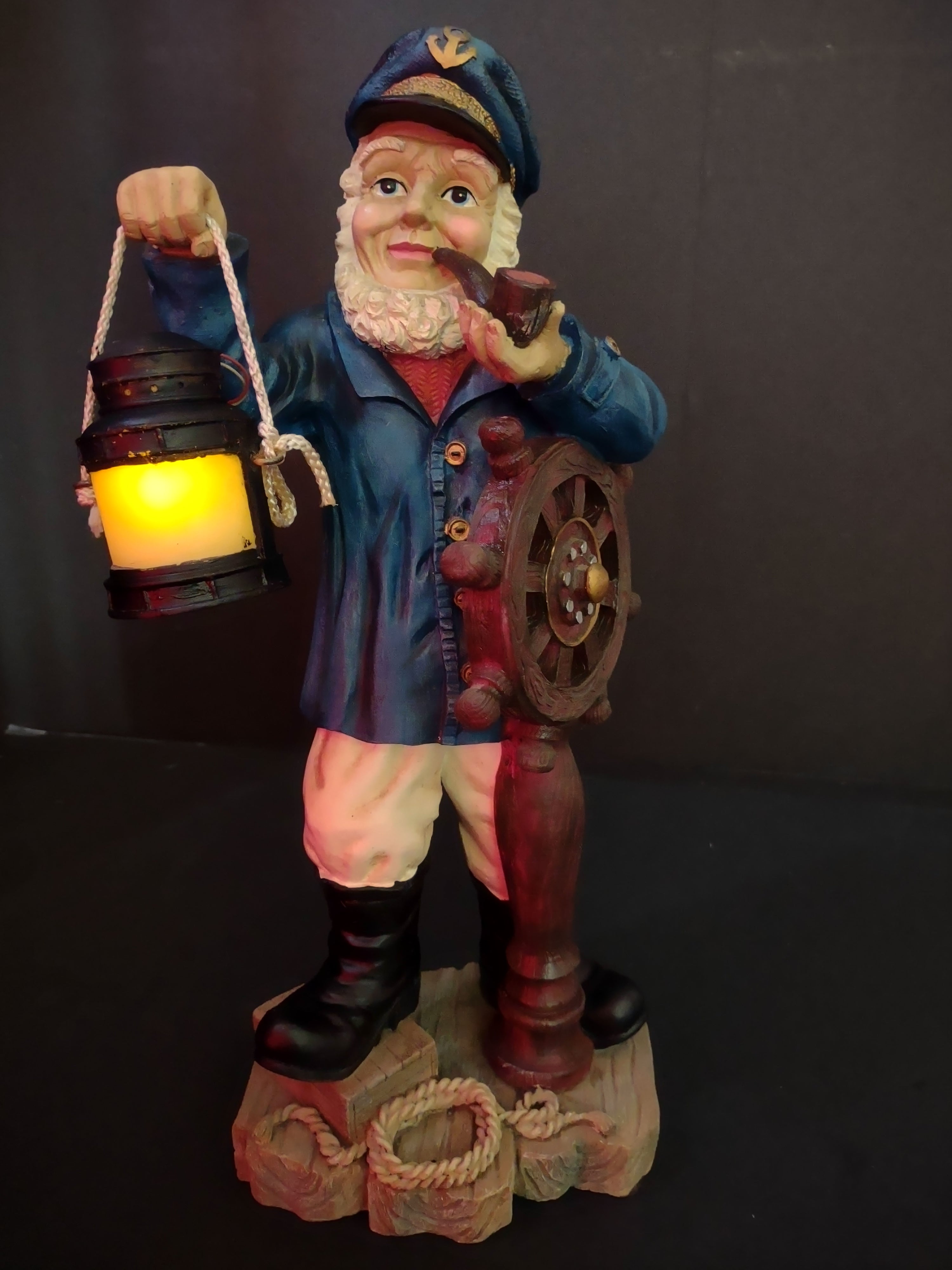 Vintage Sea Captain Sailor Figurine Ship Wheel Lantern Resin 17" [6542]