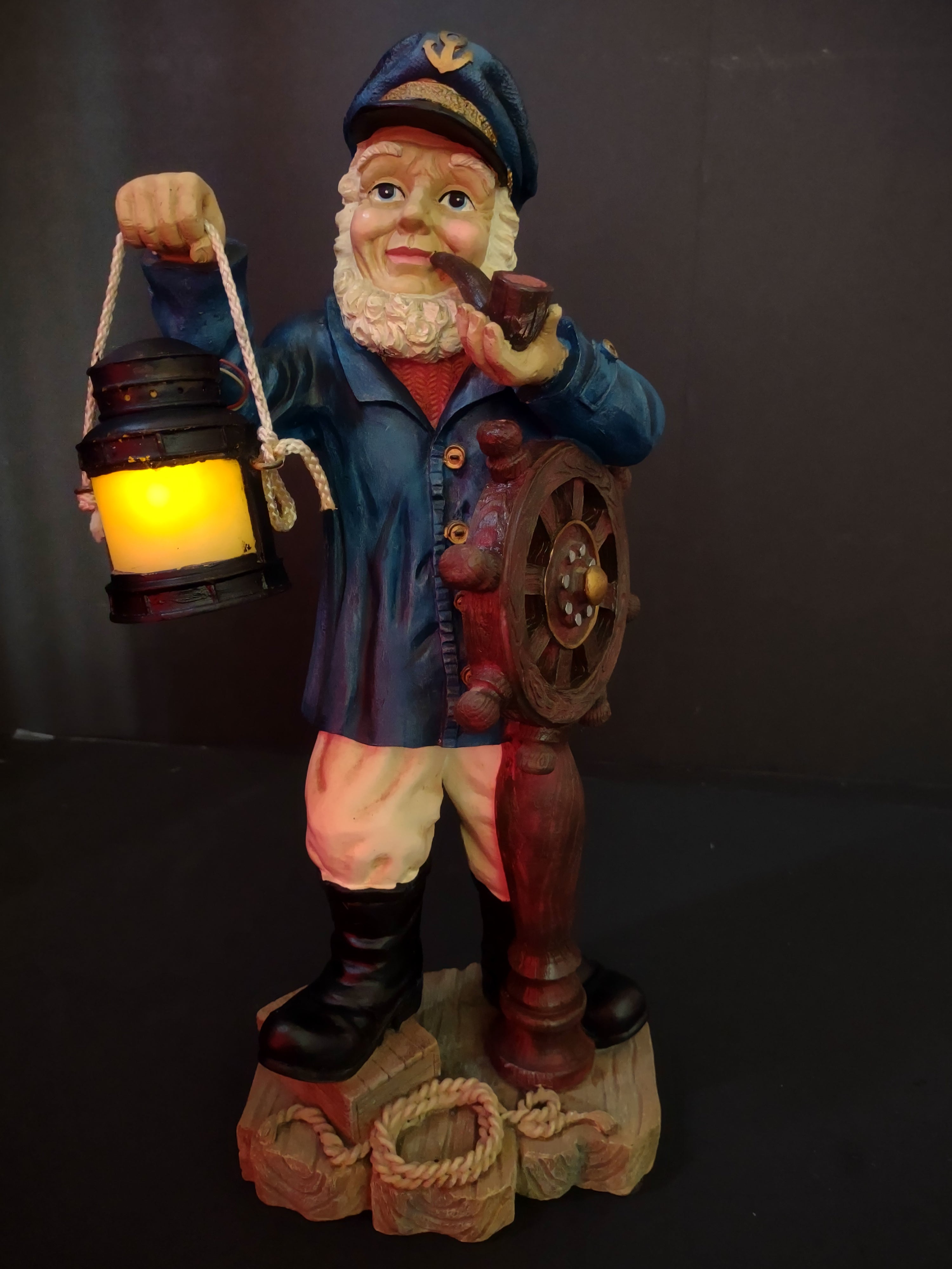 Vintage Sea Captain Sailor Figurine Ship Wheel Lantern Resin 17" [6542]