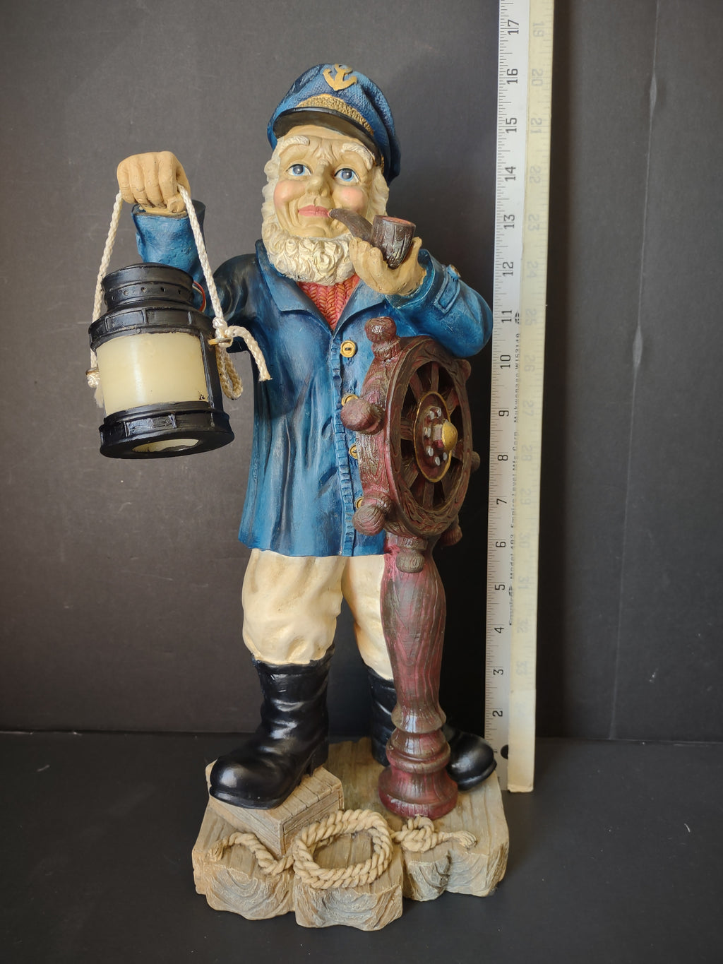 Vintage Sea Captain Sailor Figurine Ship Wheel Lantern Resin 17" [6542]