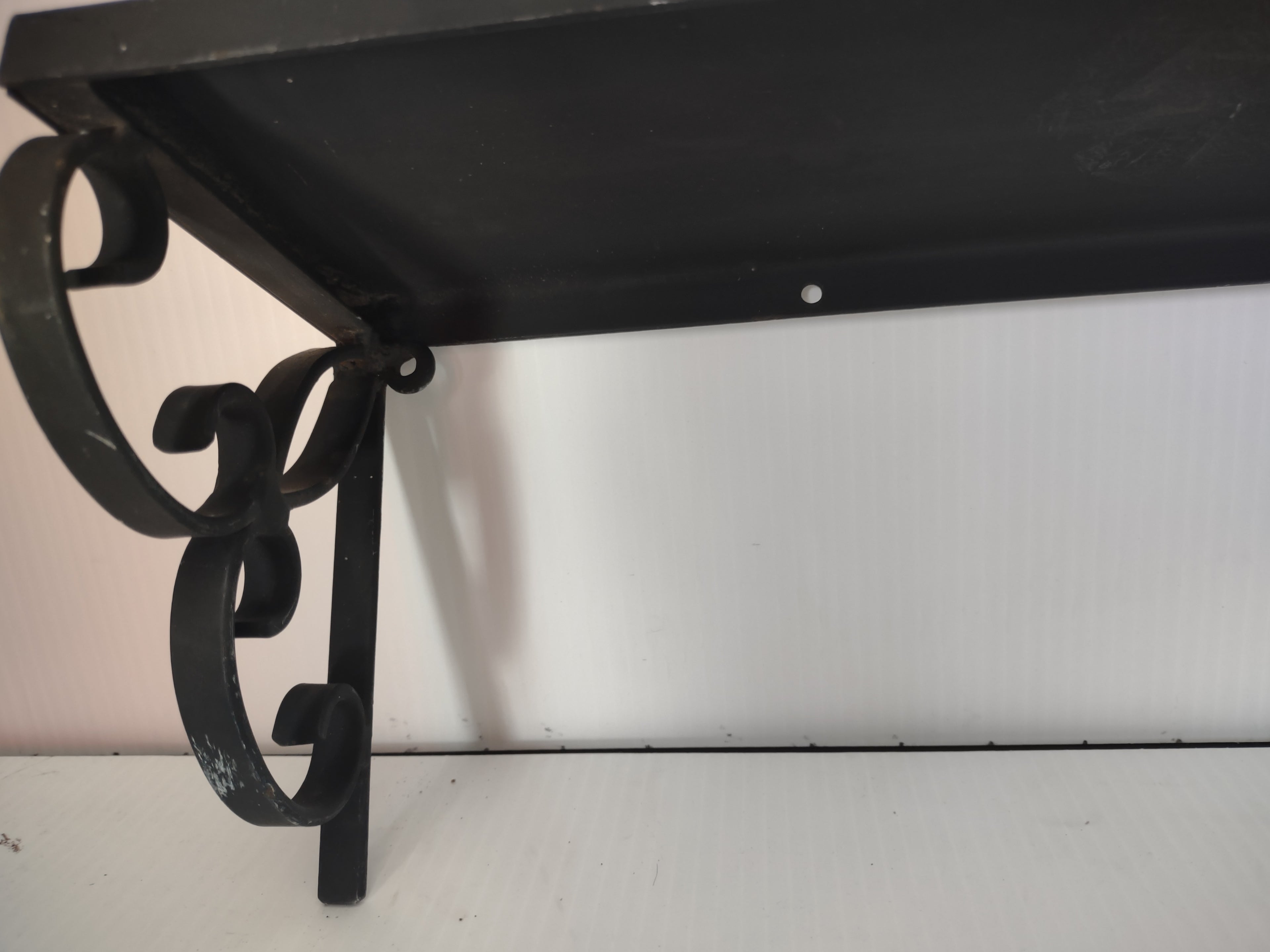 Vintage Black Wrought Iron Wall Shelf Scrollwork Brackets 24x5 [6541]