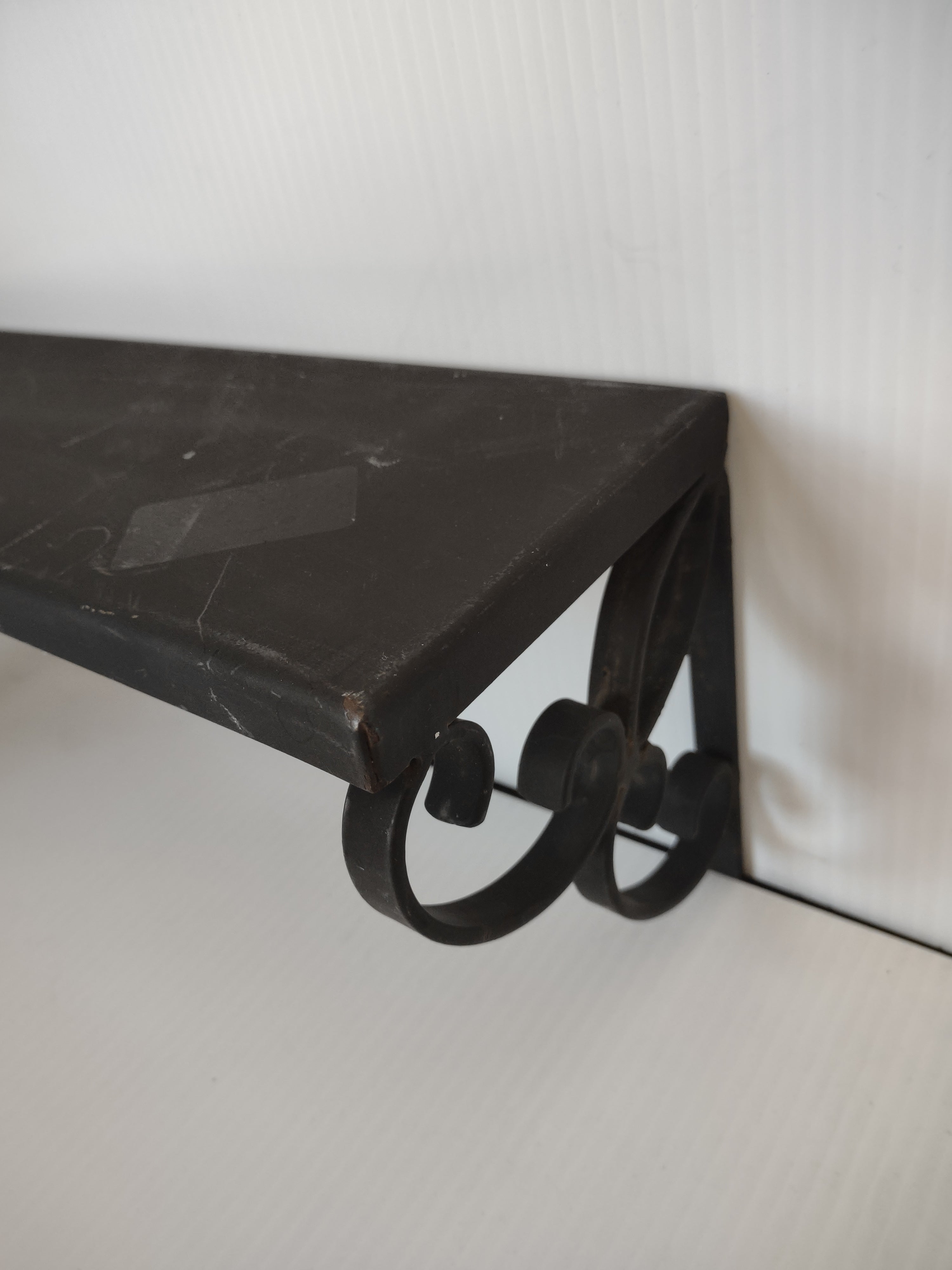 Vintage Black Wrought Iron Wall Shelf Scrollwork Brackets 24x5 [6541]