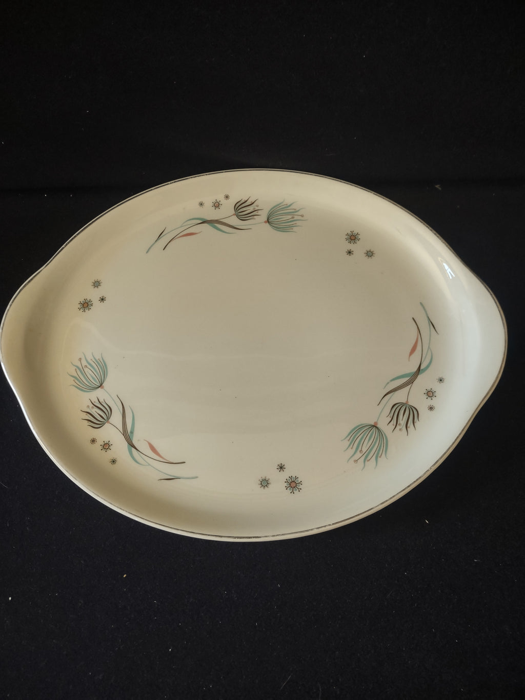 Vintage Crooksville Enchantment Oval Platter Teal Dandelion Pink Cream [6536]