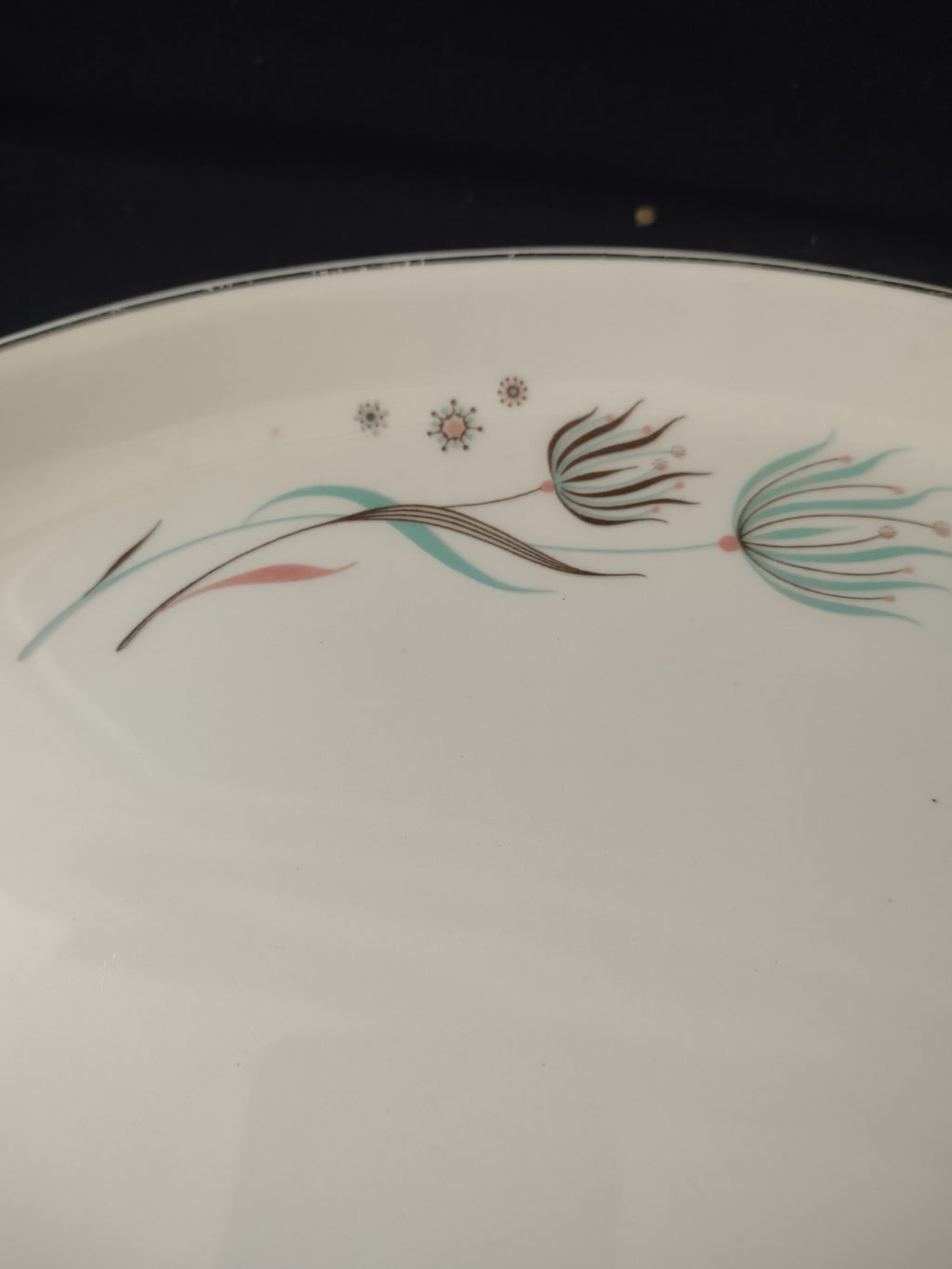 Vintage Crooksville Enchantment Oval Platter Teal Dandelion Pink Cream [6536]