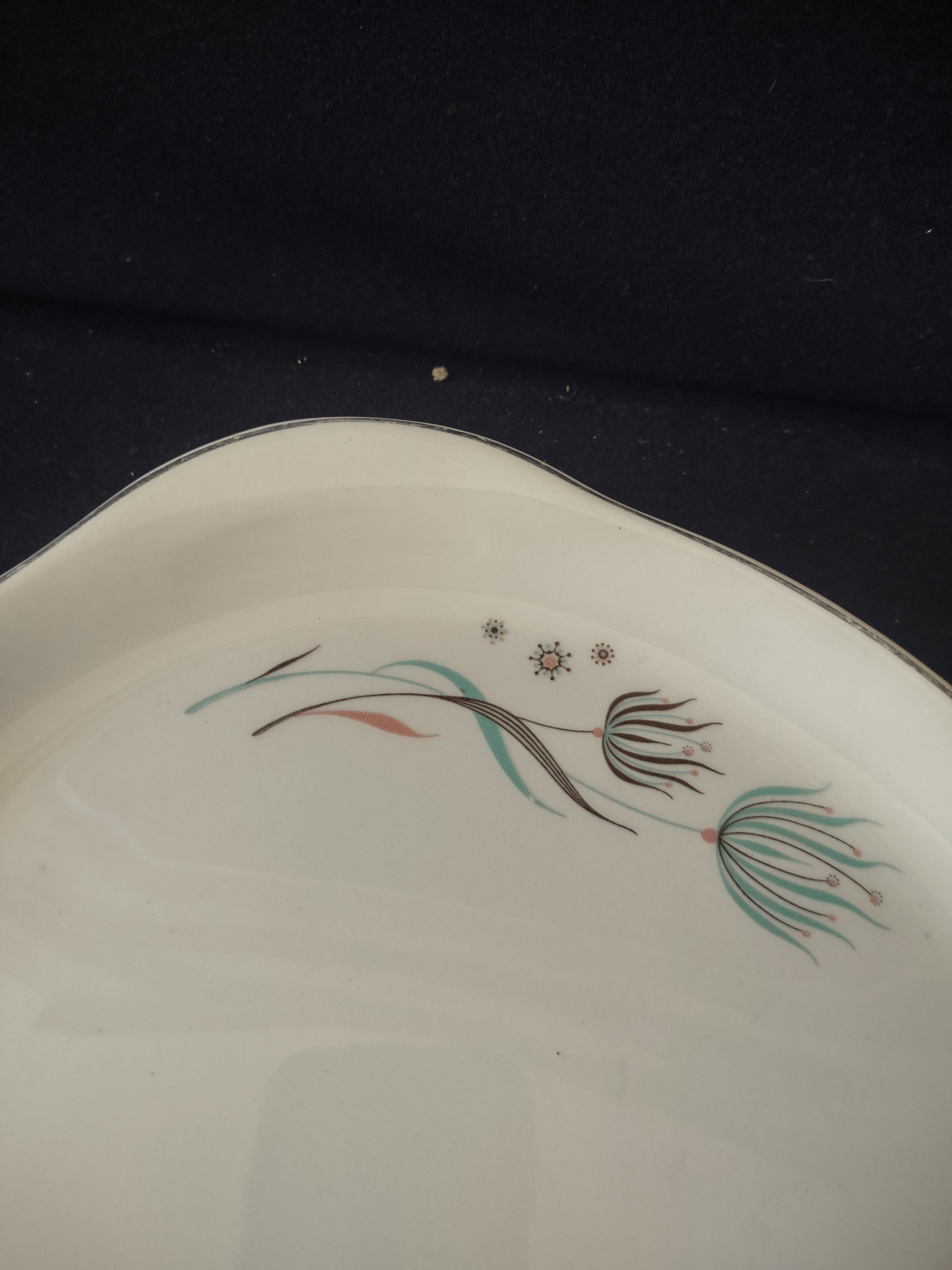 Vintage Crooksville Enchantment Oval Platter Teal Dandelion Pink Cream [6536]