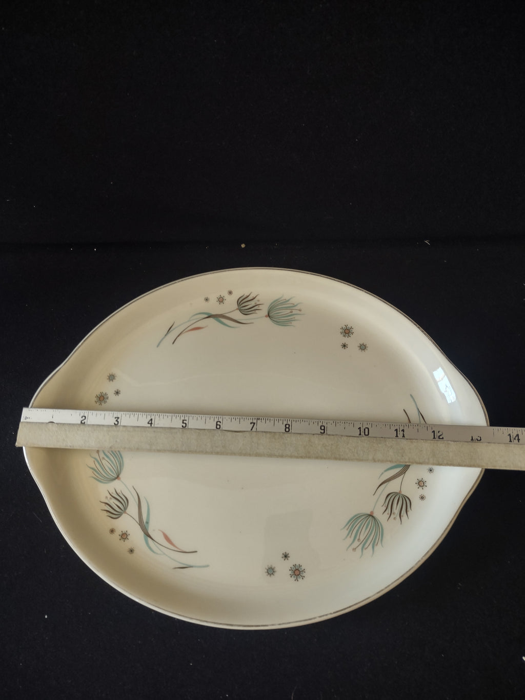 Vintage Crooksville Enchantment Oval Platter Teal Dandelion Pink Cream [6536]