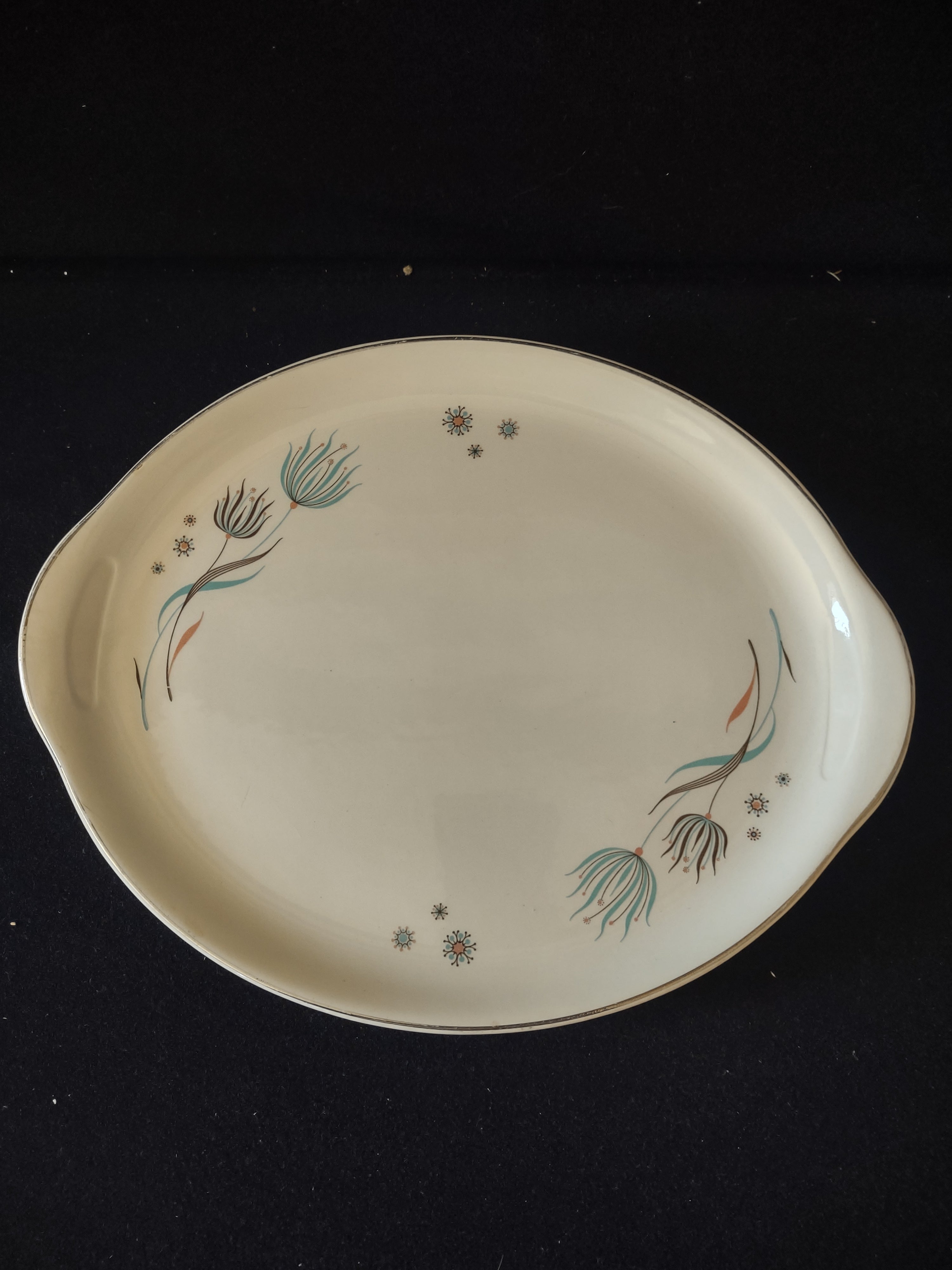 Vintage Crooksville Enchantment Teal Pink Atomic Oval Serving Platter [6537]
