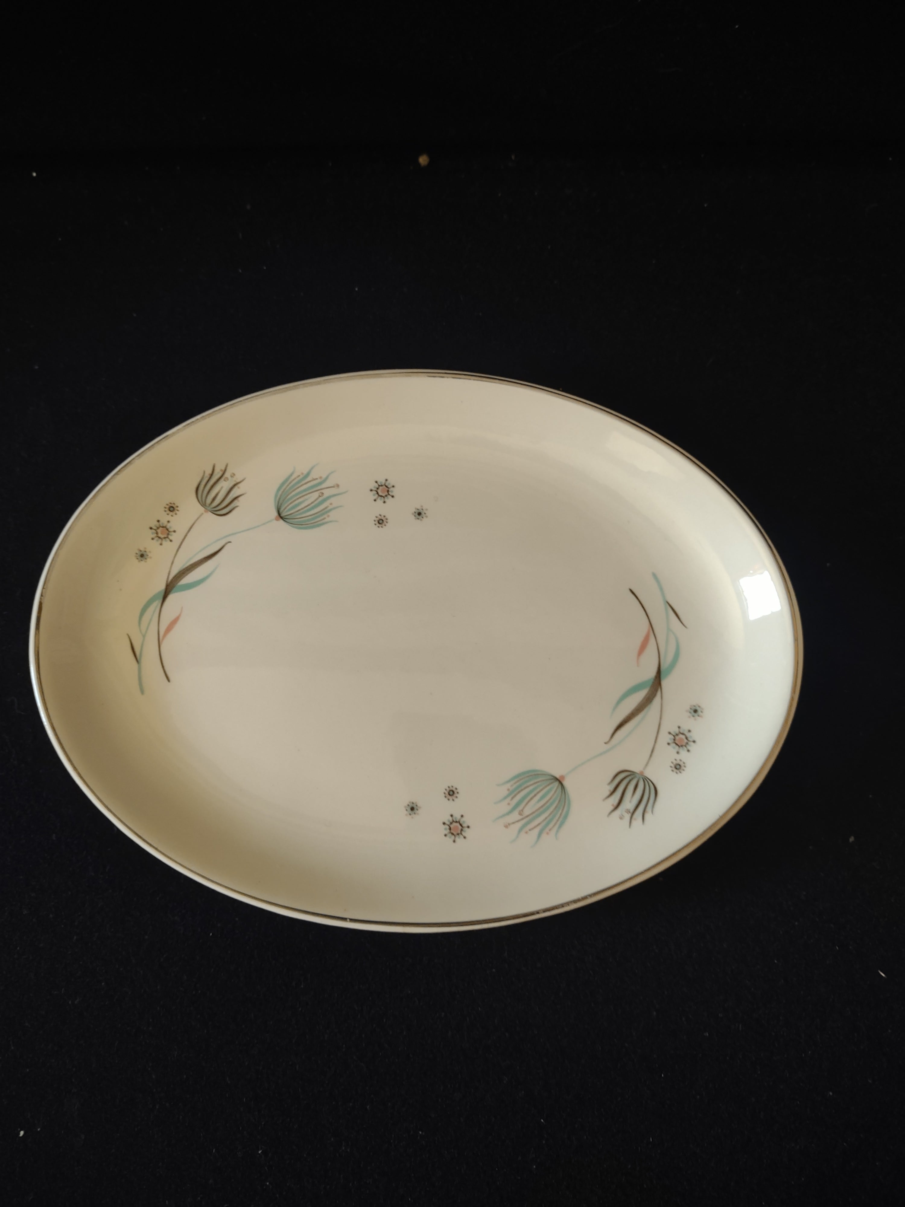 Vintage MCM Oval Serving Bowl Dish Teal Dandelion Starburst Tab Handles [6539]