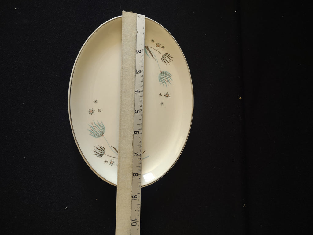 Vintage MCM Oval Serving Bowl Dish Teal Dandelion Starburst Tab Handles [6539]