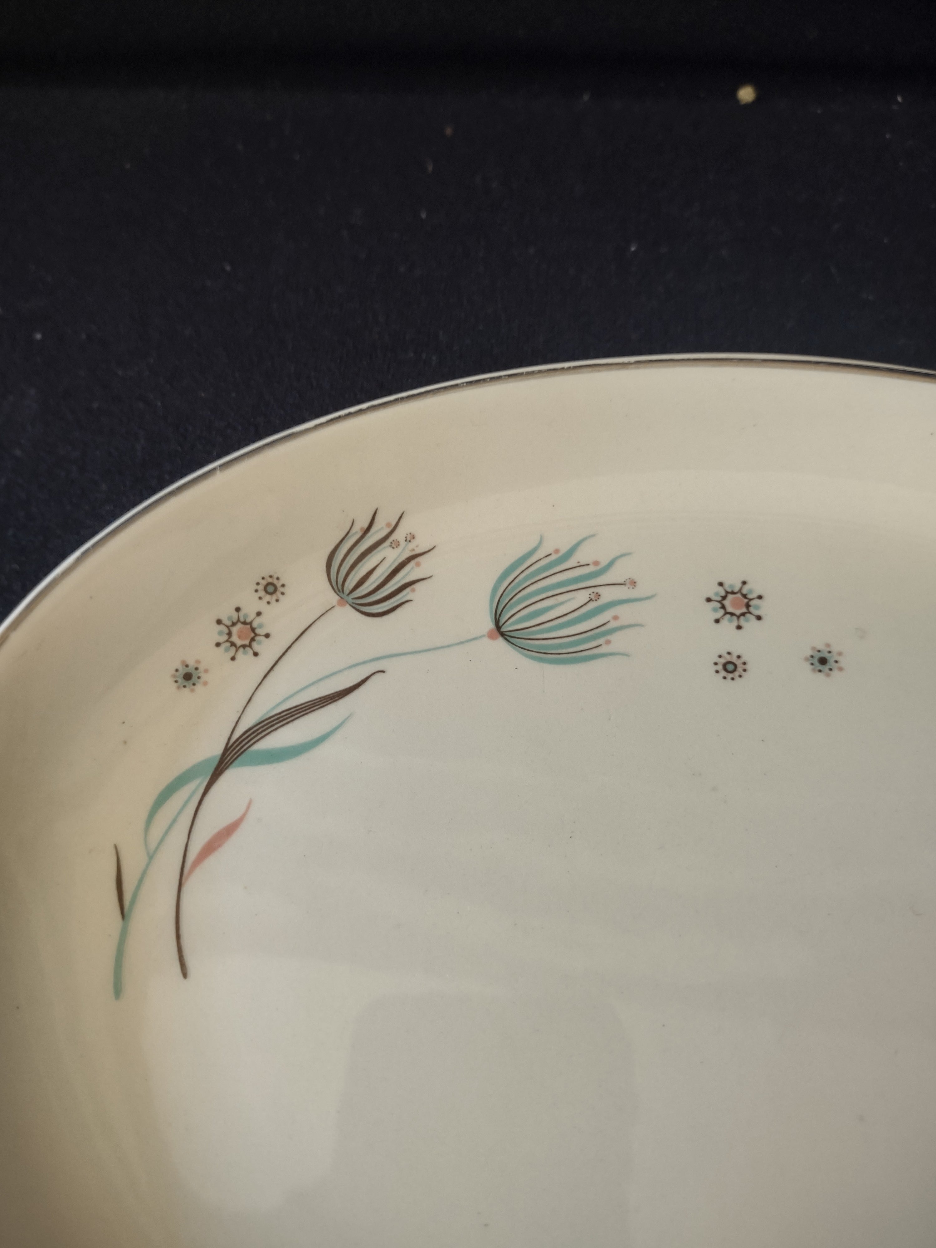 Vintage MCM Oval Serving Bowl Dish Teal Dandelion Starburst Tab Handles [6539]
