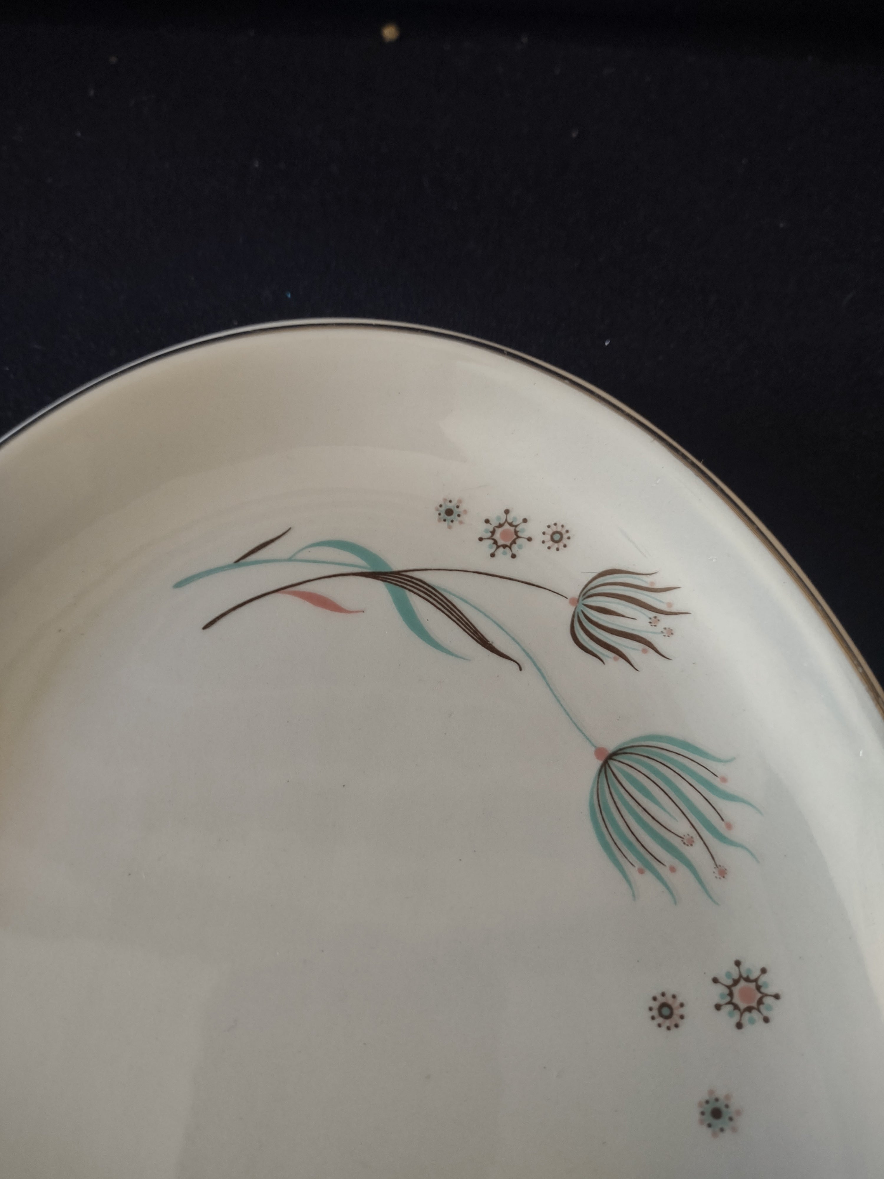 Vintage MCM Oval Serving Bowl Dish Teal Dandelion Starburst Tab Handles [6539]