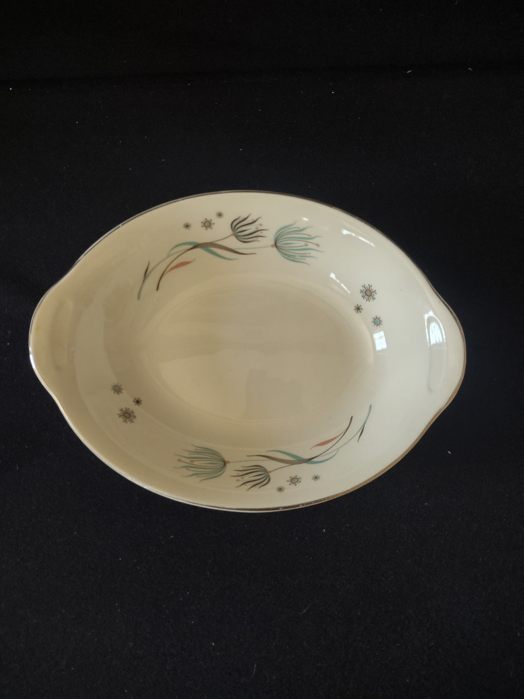 Vintage Crooksville Enchantment MCM Oval Serving Bowl Teal Dandelion 7" [6539]