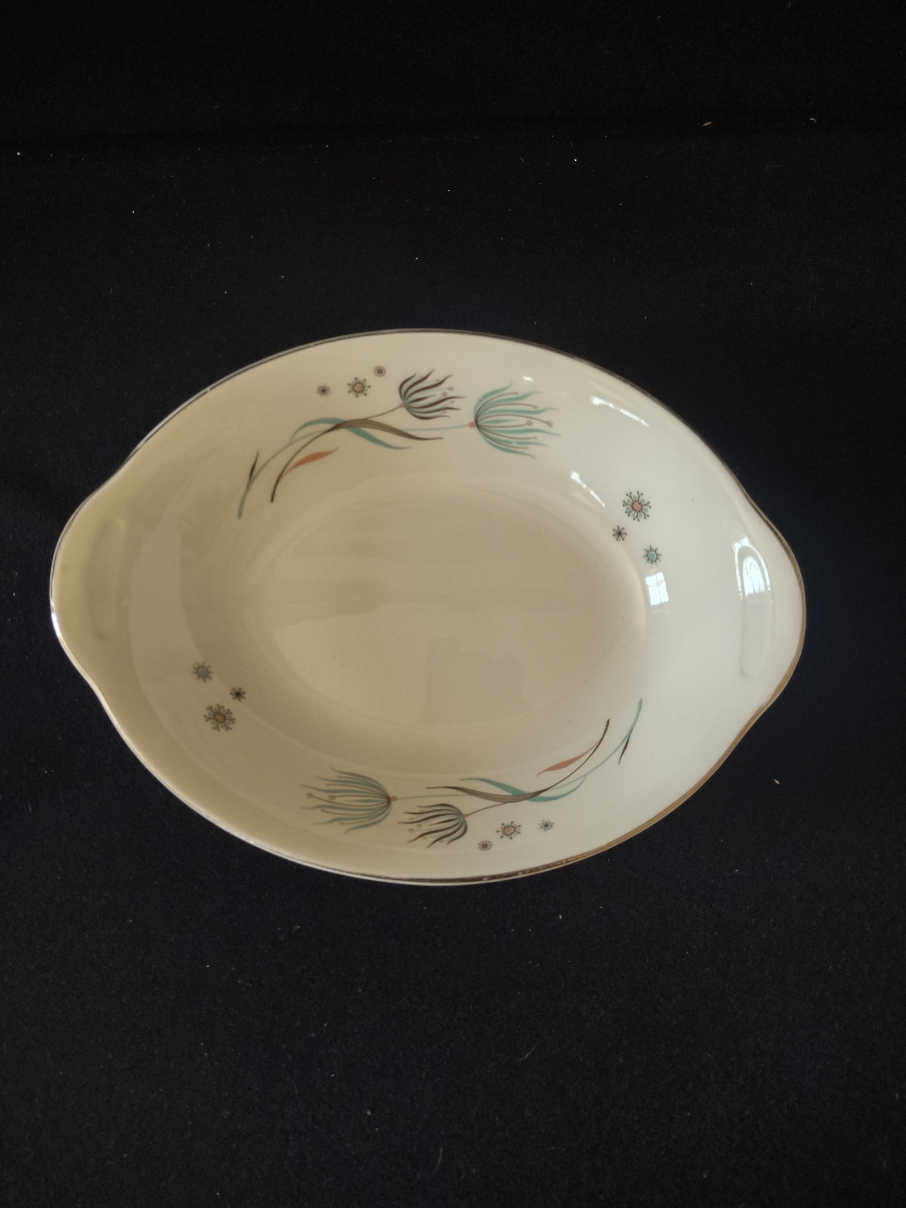 Vintage Crooksville Enchantment MCM Oval Serving Bowl Teal Dandelion 7" [6539]