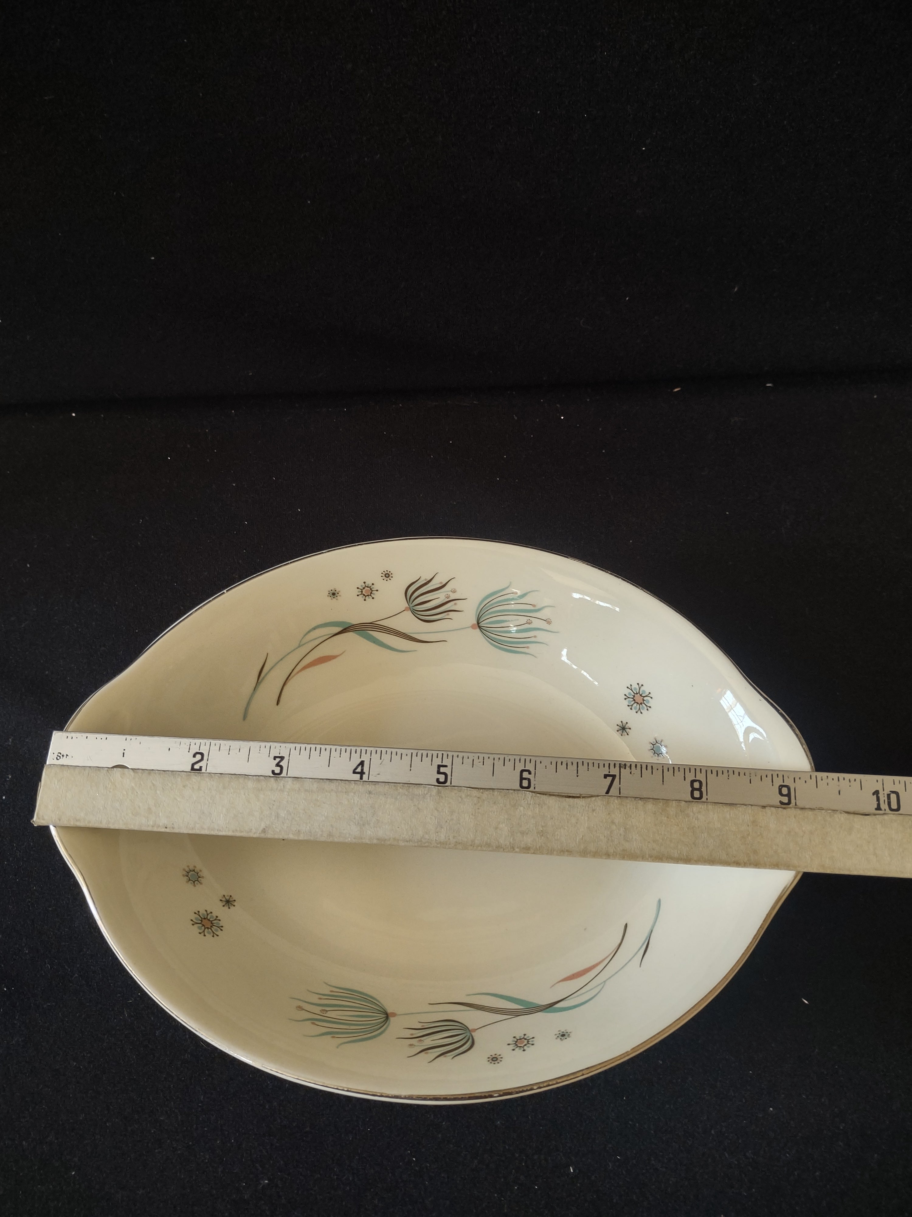 Vintage Crooksville Enchantment MCM Oval Serving Bowl Teal Dandelion 7" [6539]