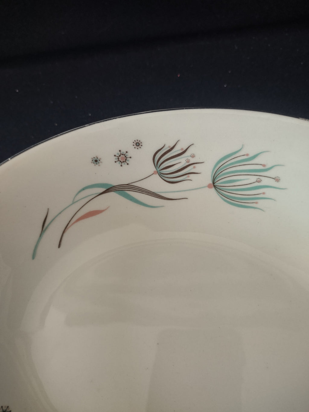 Vintage Crooksville Enchantment MCM Oval Serving Bowl Teal Dandelion 7" [6539]