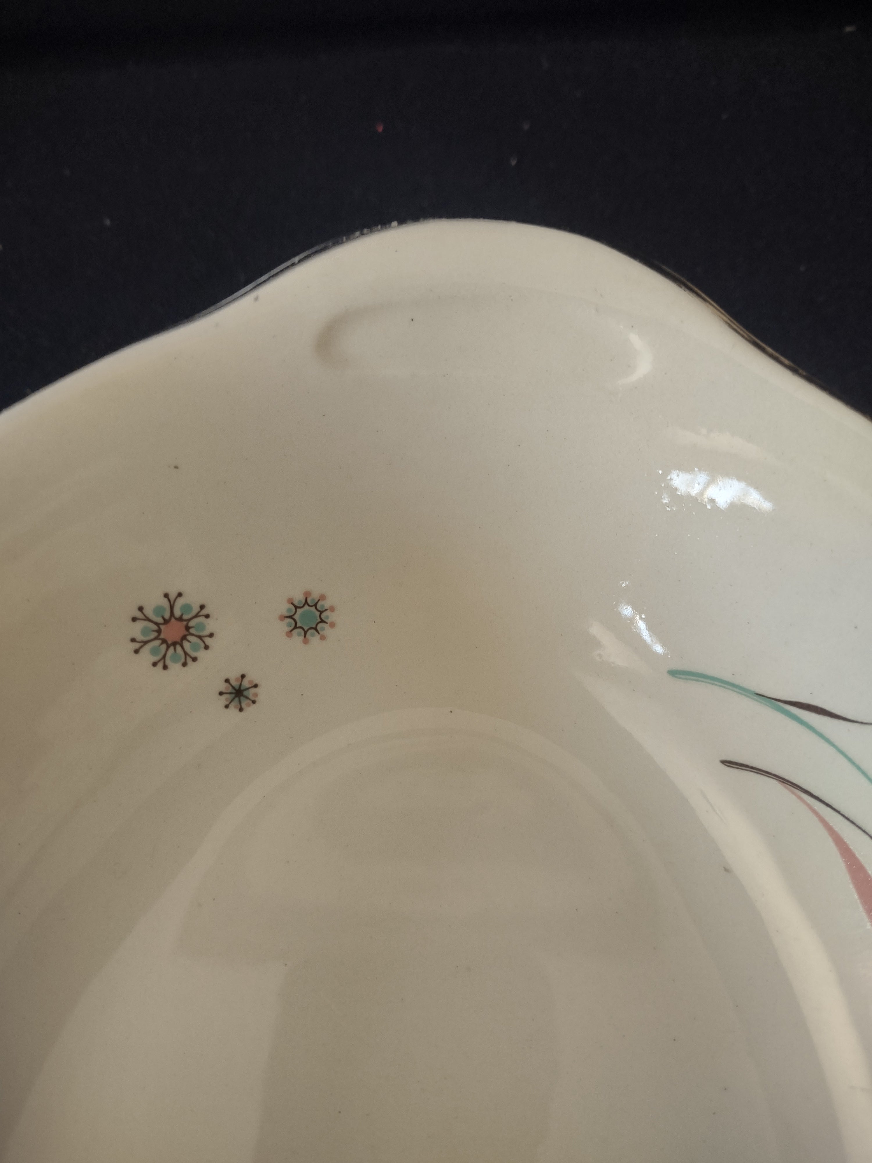 Vintage Crooksville Enchantment MCM Oval Serving Bowl Teal Dandelion 7" [6539]